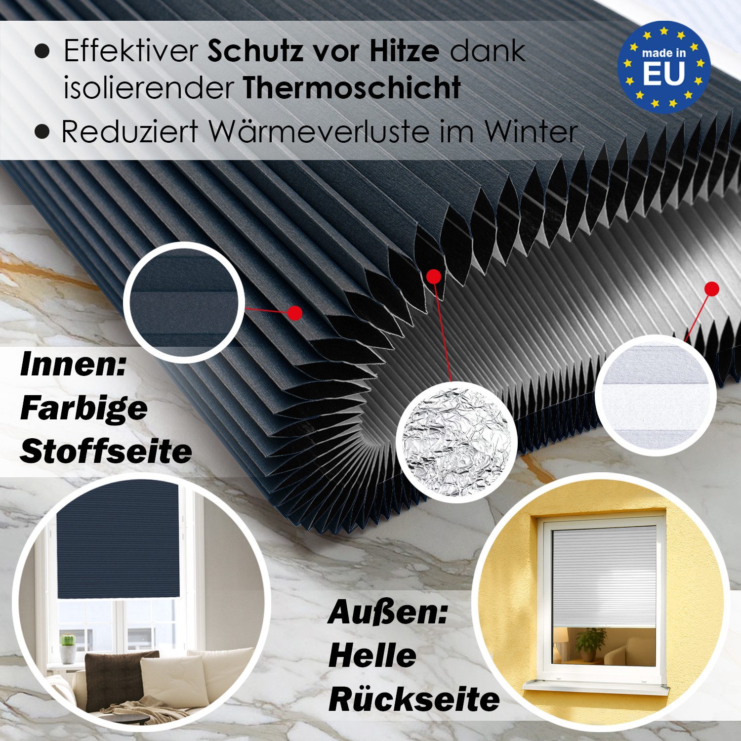 DomDeco Wabenplissee Thermo Plissee ohne Bohren - Hitzeschutz, Verdunkelung, verspannt, abdunkelnd, Klemmfix, stufenlos, kälteschutz, modernes Fensterplissee