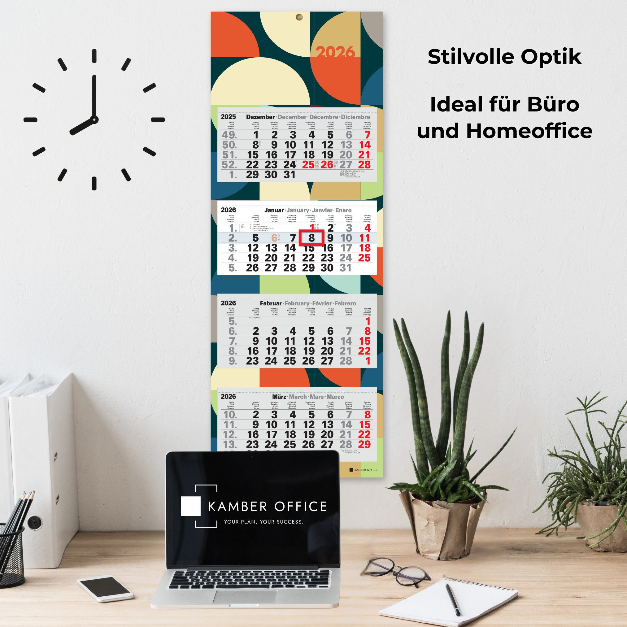 Kamber Office Wandkalender 4-Monatskalender 2027 mit Schieber Büro Kalender Bunt, Retro Design, Viermonatskalender 2027 groß mit Datumsschieber Jahreskalender f – Bild 2 von 5
