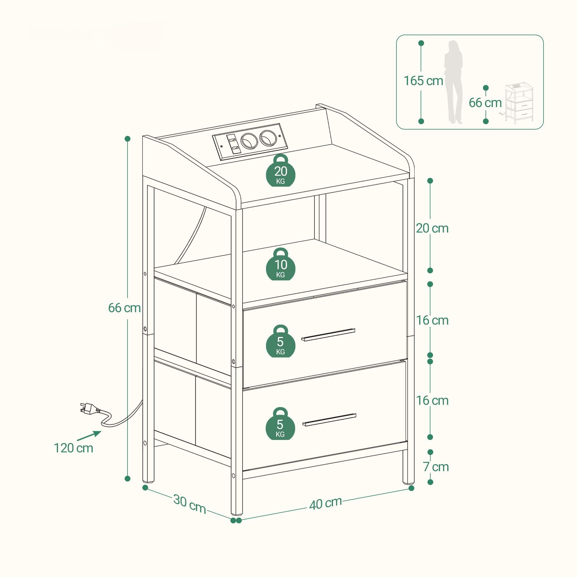 HZUANERI Nachttisch mit LED-Licht USB-Anschlüssen Steckdosen 2 Stoffschubla günstig online kaufen