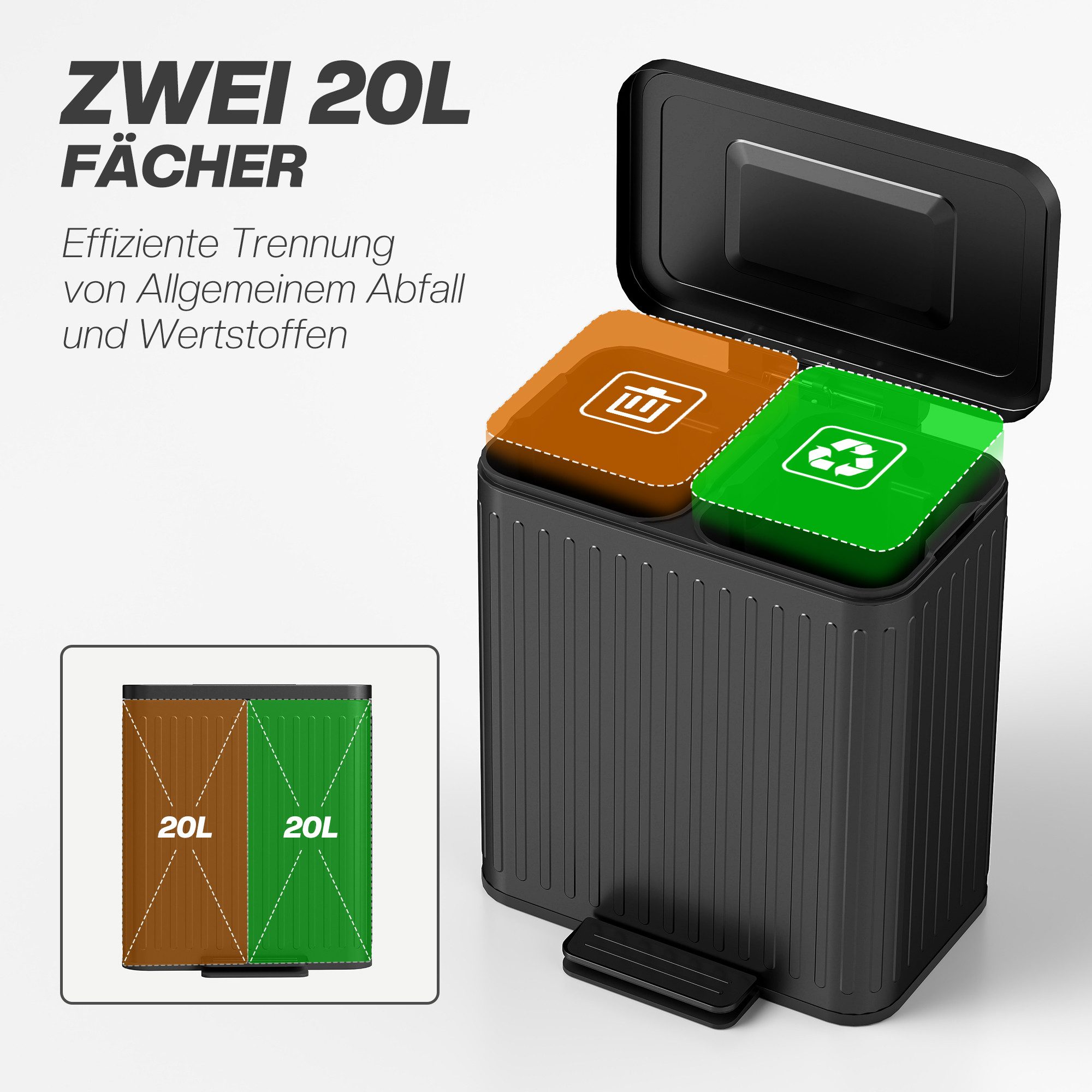 HOMCOM Mülltrennsystem Treteimer 2 x 20 L Soft-Close-Deckel Offenhaltefunktion, Schwarz, 45,5 x 36,5 x 51 cm – Bild 4 von 5