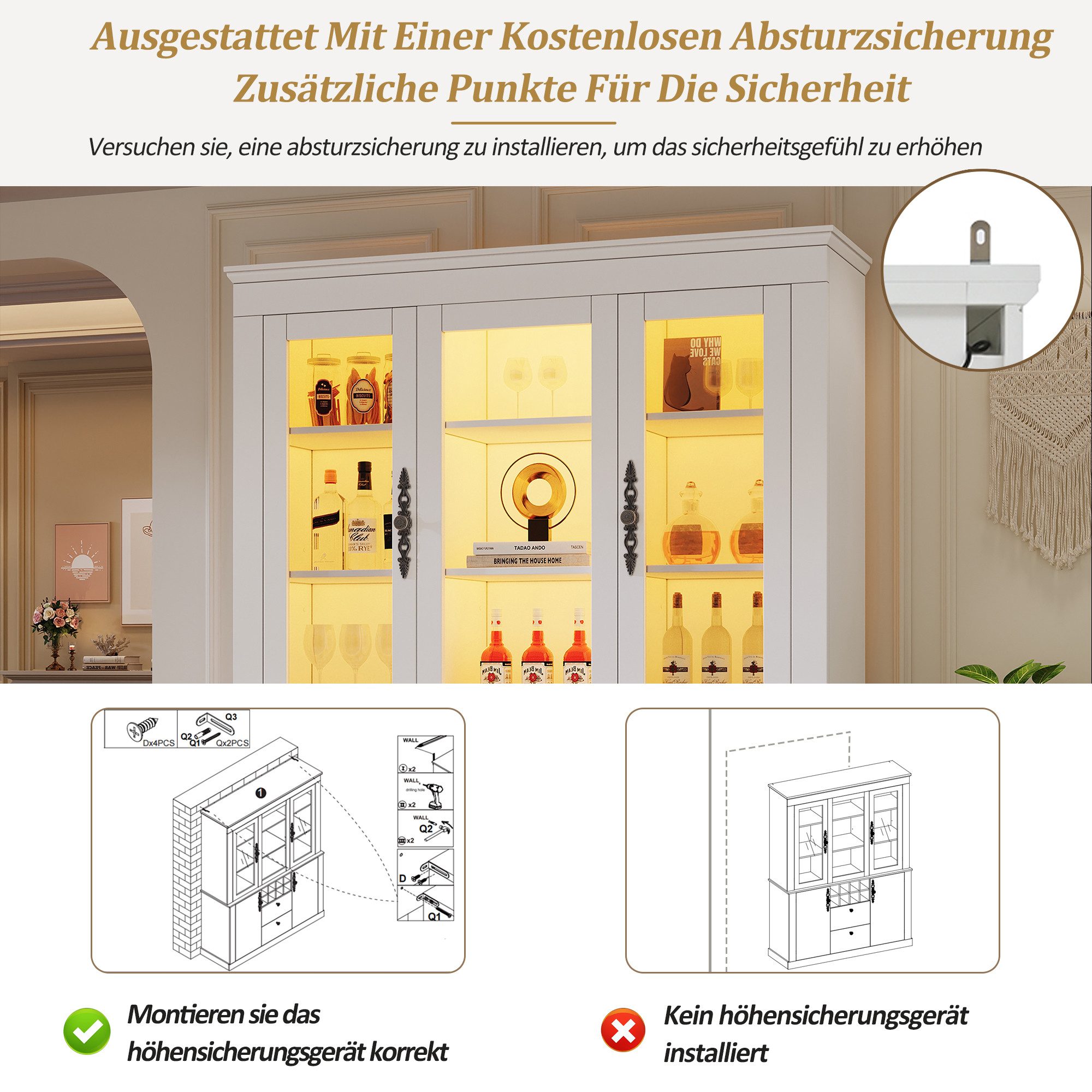 Merax Standvitrine Vitrine mit LED und Weinregal (Standregal Schrank, 1-St) Wohnzimmerschrank mit Glas, 4 Türen & 2 Schubladen, 130x37,5x170,5cm