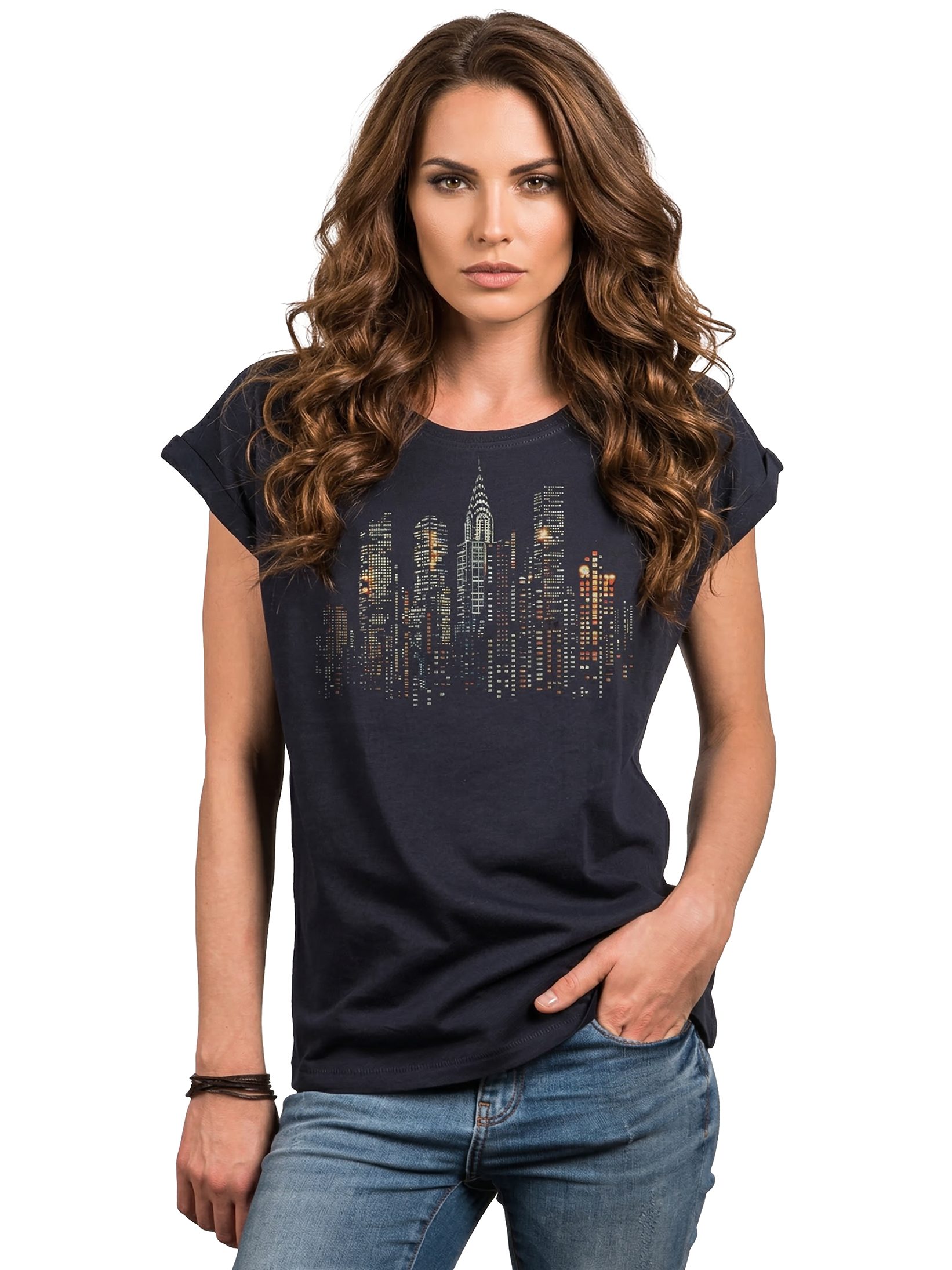 MAKAYA T-Shirt Damen-Top mit USA Skyline – bunte Punkte, New York & Amerika-Motiv (Schwarz, Blau, Dunkelgrau, 34, 36, 38, 40, 42, 44, 46, 48, 50) Baumwolle