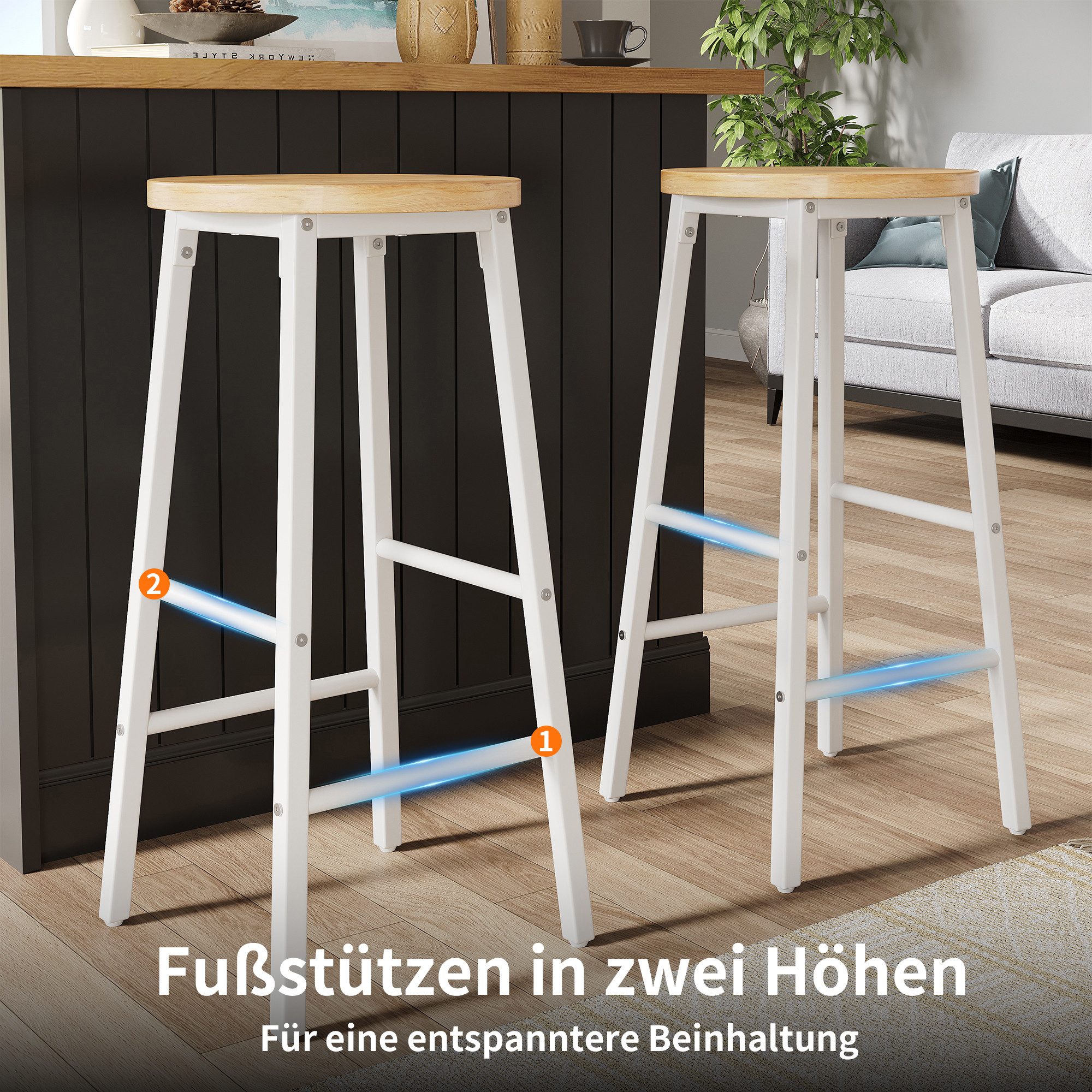 i@home Barhocker Barhocker 2er-Set Holzoptik (Tresenhocker Küchenhocker mit Fußstütze, 2 St., 63 cm, Metallgestell), moderner Barstuhl für Küche & Bar – Bild 4 von 5