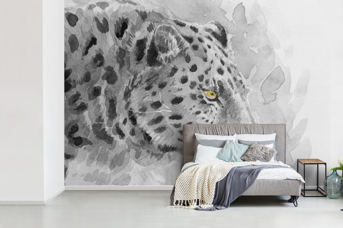 MuchoWow Fototapete Leopard - Schwarz Matt, Profil, für Wohnzimmer, Tapete Wallpaper Weiß (6 bedruckt, - Schlafzimmer, Kinderzimmer, Vinyl St), 