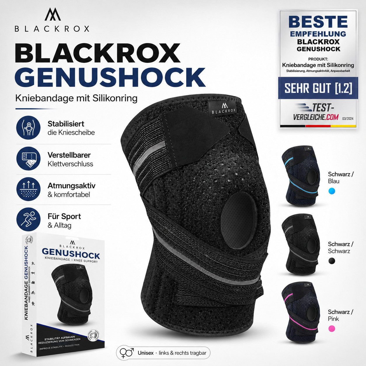 BLACKROX Kniebandage mit Silikonring [Vergleichssieger 2026] GENUSHOCK, Damen & Herren