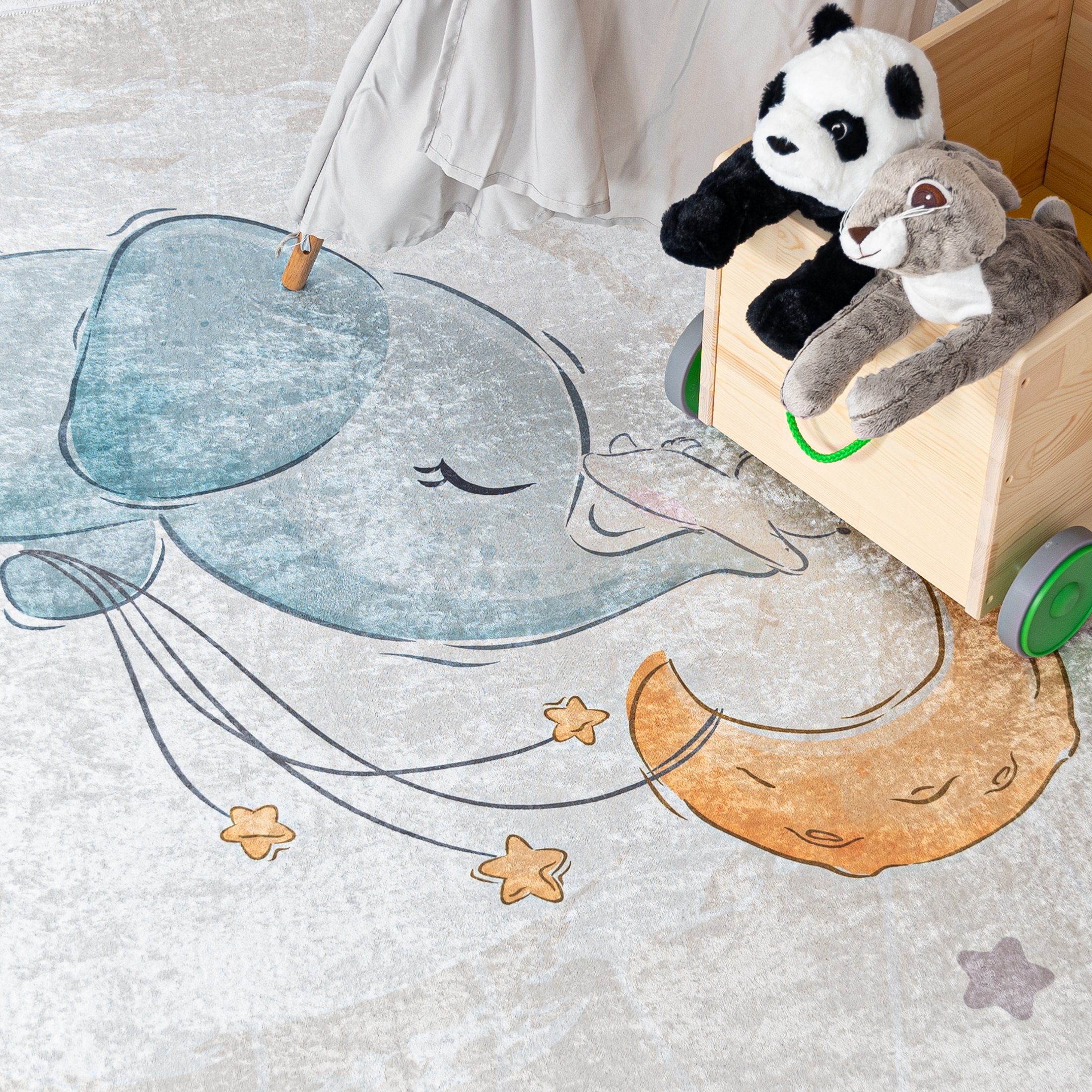 Mazovia Kinderteppich Kinderteppich Kinderzimmerteppich Elefant, 80 x 150 cm, Kurflor, Waschbar in Waschmaschine, Höhe 5 mm, Rutschfest
