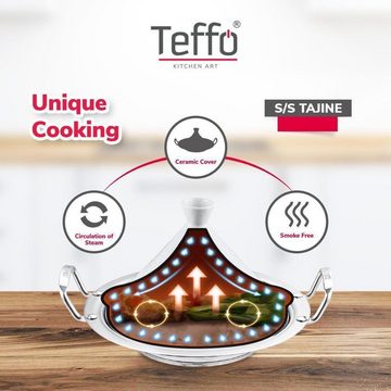 Marrakesch Orient & Mediterran Interior Dampfgartopf Teffo Tajine Inklusive Kochbuch - Nordafrikanische Küche -, Tagine Topf zum Kochen, Tajin für Induktion und alle Herdarten geeignet, Kochtopf aus Edelstahl und Keramik, Keramik, Induktionsgeeignet