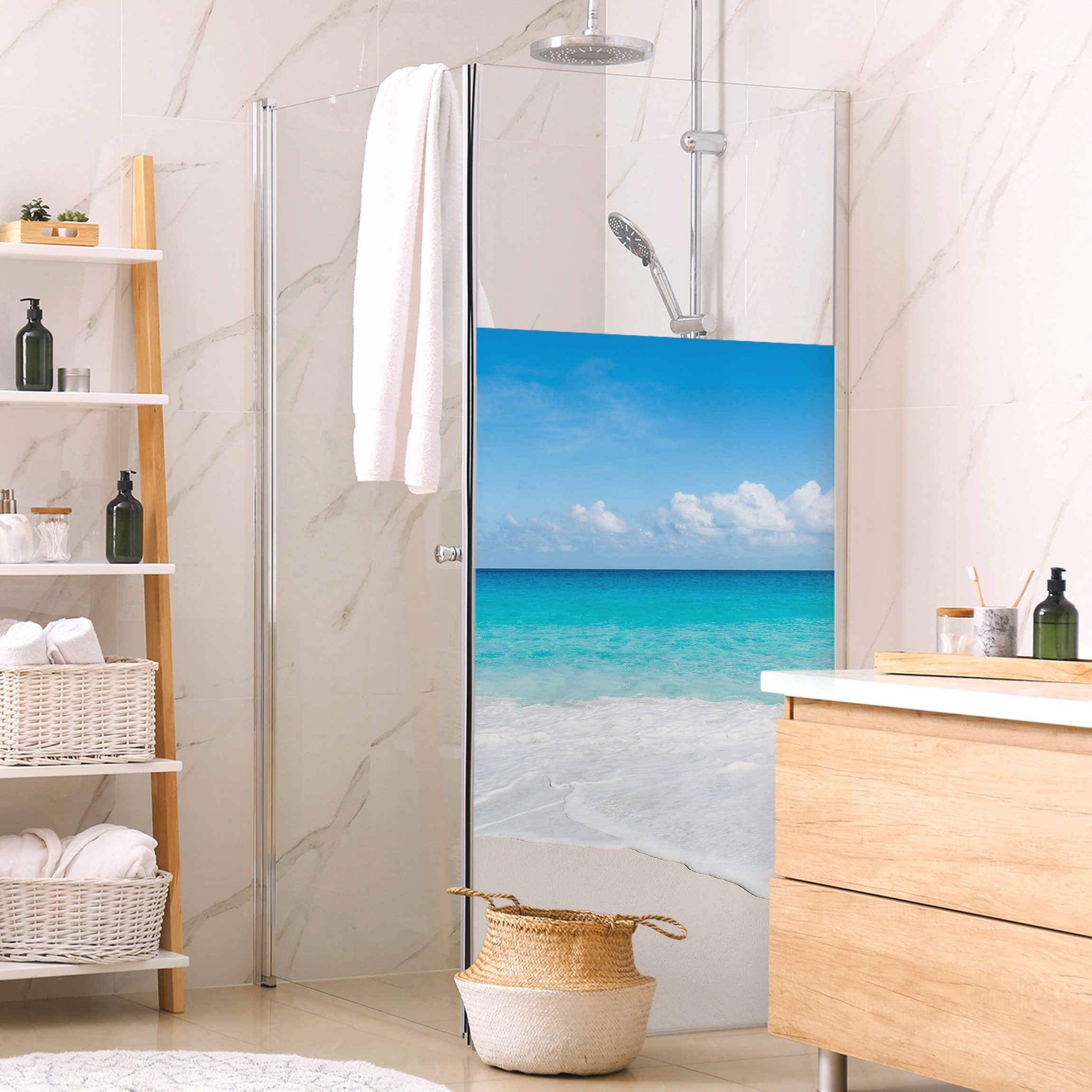 Bilderdepot24 Sichtschutzfolie Dusche blickdicht statisch haftend Meer- und Muschelnmotiv, Statisch haftend, blickdicht, wasserfest, wiederverwendbar, ablösbar