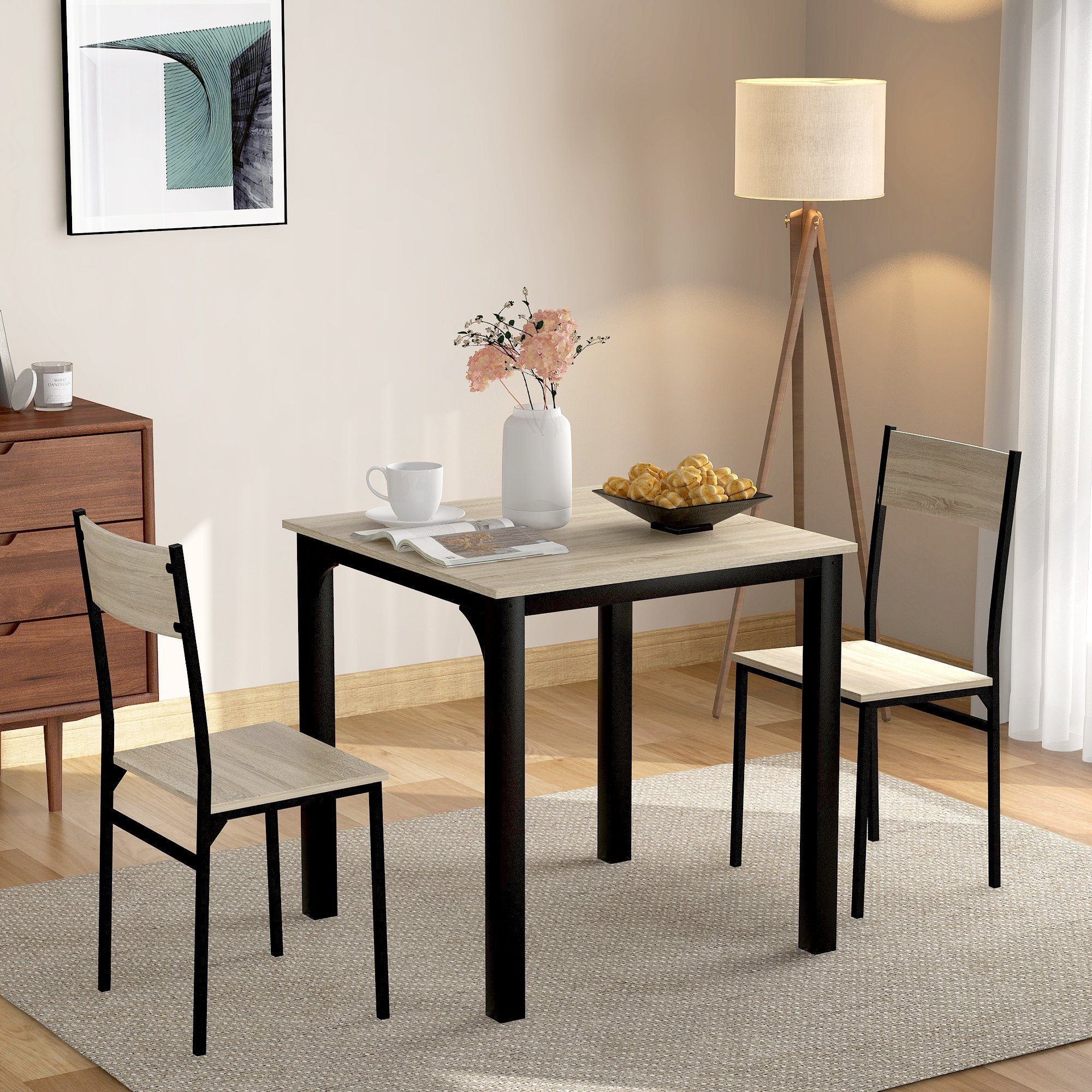 SOFTWEARY Esstisch (mit 2 Stühlen, Esstisch-Set, 70/70/75 cm, 3-St), Küchentisch, Esszimmergruppe eiche