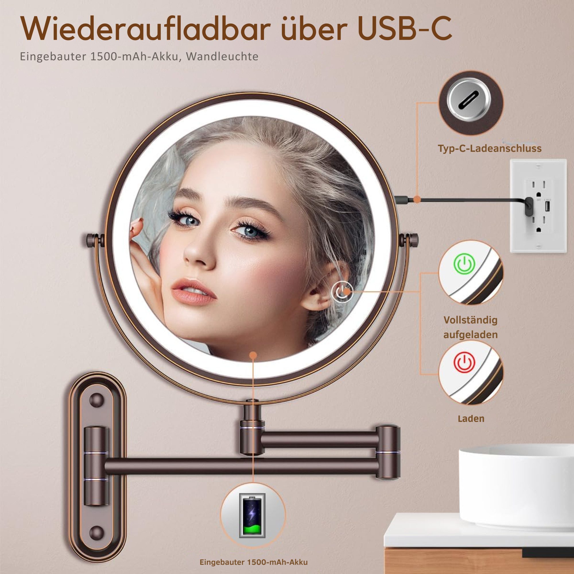 Vivitar Kosmetikspiegel Wiederaufladbarer beleuchteter Badezimmerspiegel, 1 günstig online kaufen