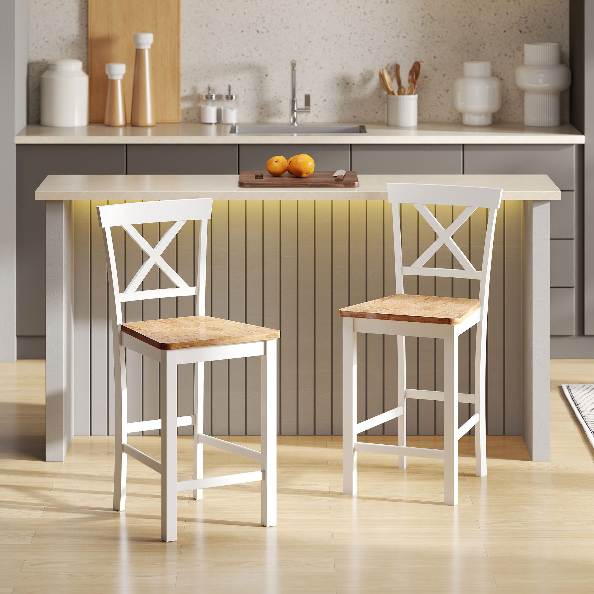 HOMCOM Barhocker Barstuhl Armlose aus Massivholz mit Rückenlehne, Landhaus-Stil (Küchenstühle, 2 St., Modern Tresenhocker), für Küche, Wohnzimmer, Esszimmer Eiche