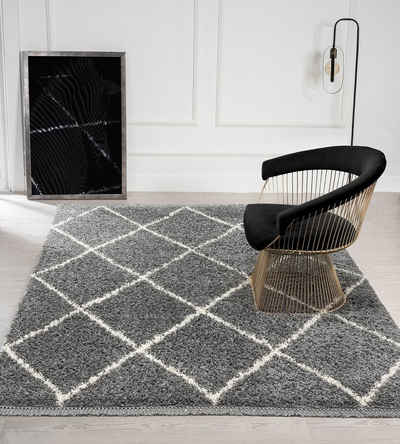Teppich Bahar Shaggy Hochflor Teppich Rauten Muster Creme-Schwarz, the carpet, Rechteck, Höhe: 35 mm