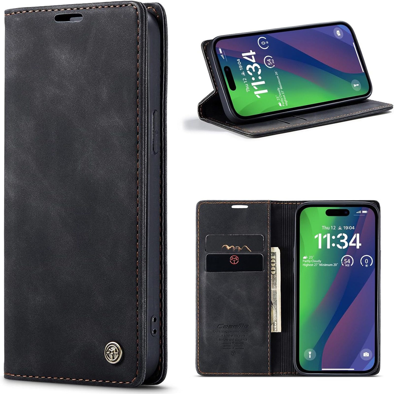 Wörleonline Handyhülle Schutzhülle für Apple iPhone 15 Hülle, mit Magnetverschluss und zwei Kartenfächern, Klapphülle, Flip Case
