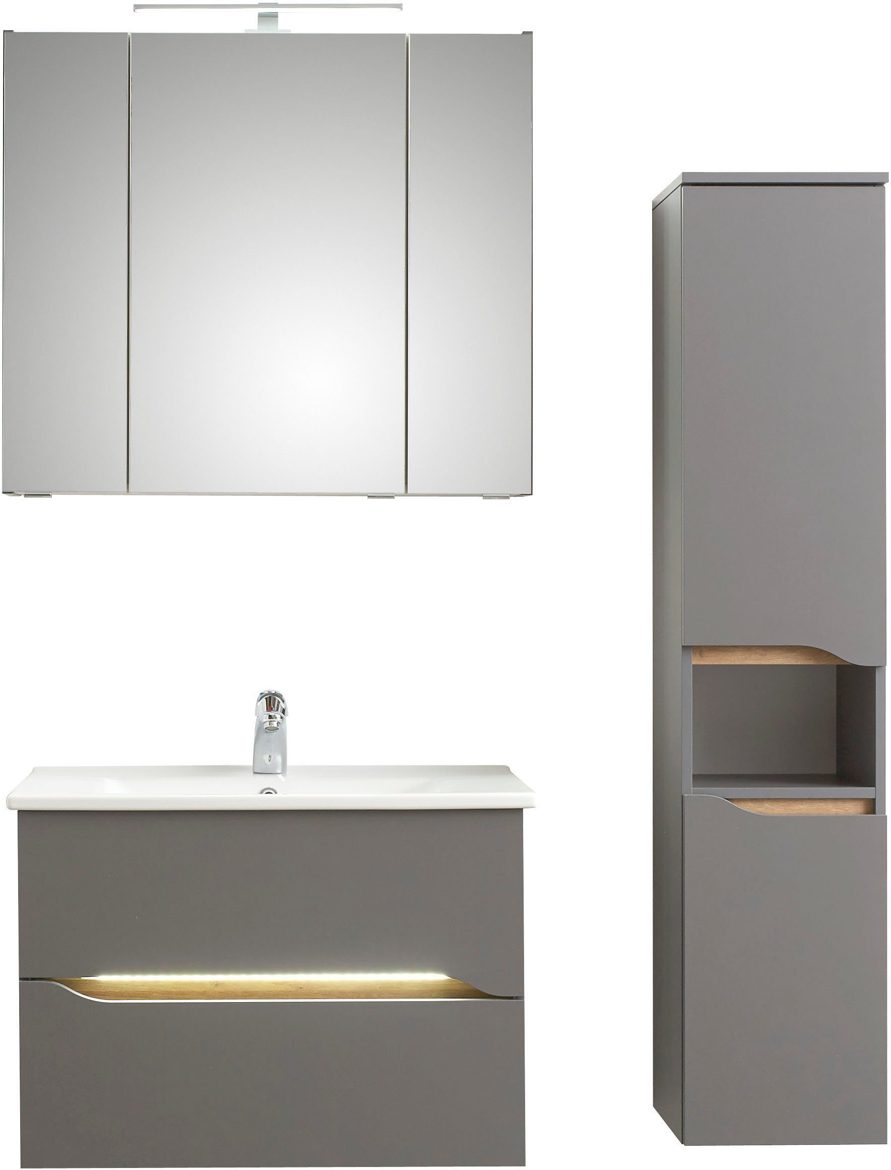 Saphir Badmöbel-Set Quickset 3-teilig, Keramik-Waschtisch und LED-Spiegelschrank, (5-St), mit Midischrank, 2 Türen, 1 Nische, 2 Schubladen, inkl. Türdämpfer