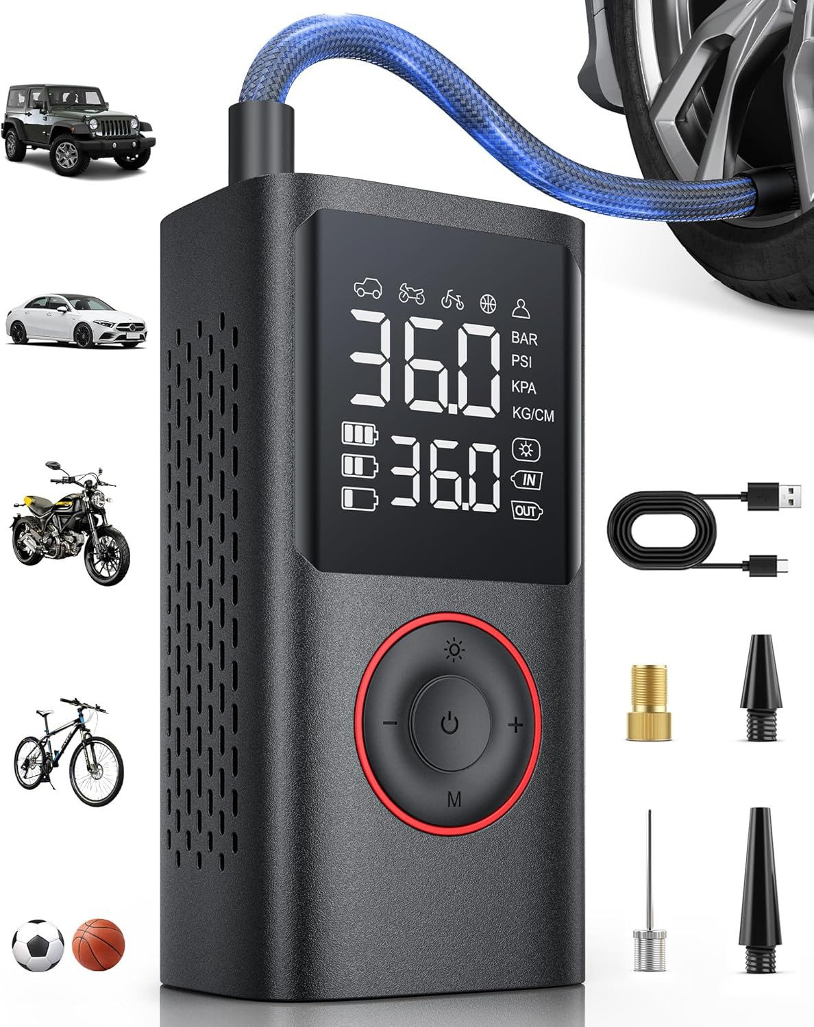 SpionProfi Akku-Luftpumpe Elektrische Luftpumpe Kabellos 150PSI mit LED-Licht & Auto-Stopp (1-tlg), Geeignet für Auto, Fahrrad, E-Bike, Motorrad, Bälle uvm.