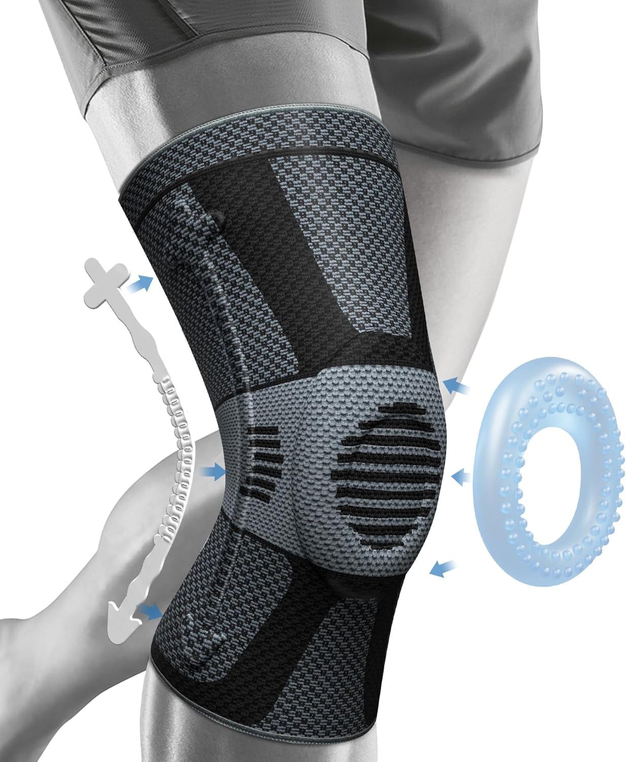 LA CUTE Kniebandage Kniebandage mit Gel-Pad & Federstabilisatoren für Schmerzlinderung (Einzeln verpackte Knie-Kompressionsmanschette für Damen & Herren, 1-teiliges Set: Kniebandage für Sport, Training, Schmerzreduktion), Kompressions-Kniebandage medizinisch Stabilisierung & Schmerzlinderung