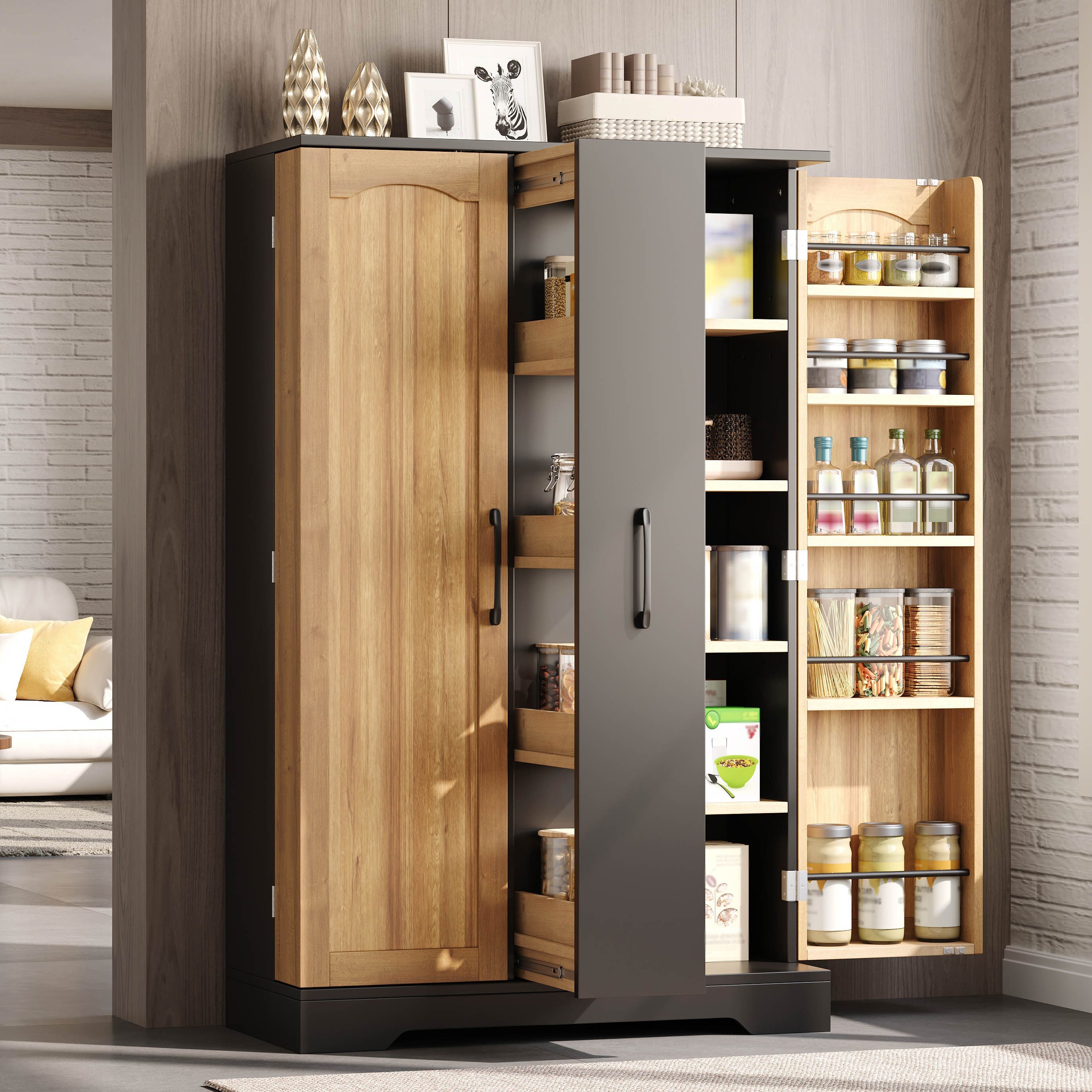 Flieks Hochschrank Küchenschrank mit 4-stufigem Schubladen, Türregalen (B78xT35xH120 cm, 1-St) Mehrzweckschrank Highboard mit verstellbare Einlegeböden Schwarz&Natur