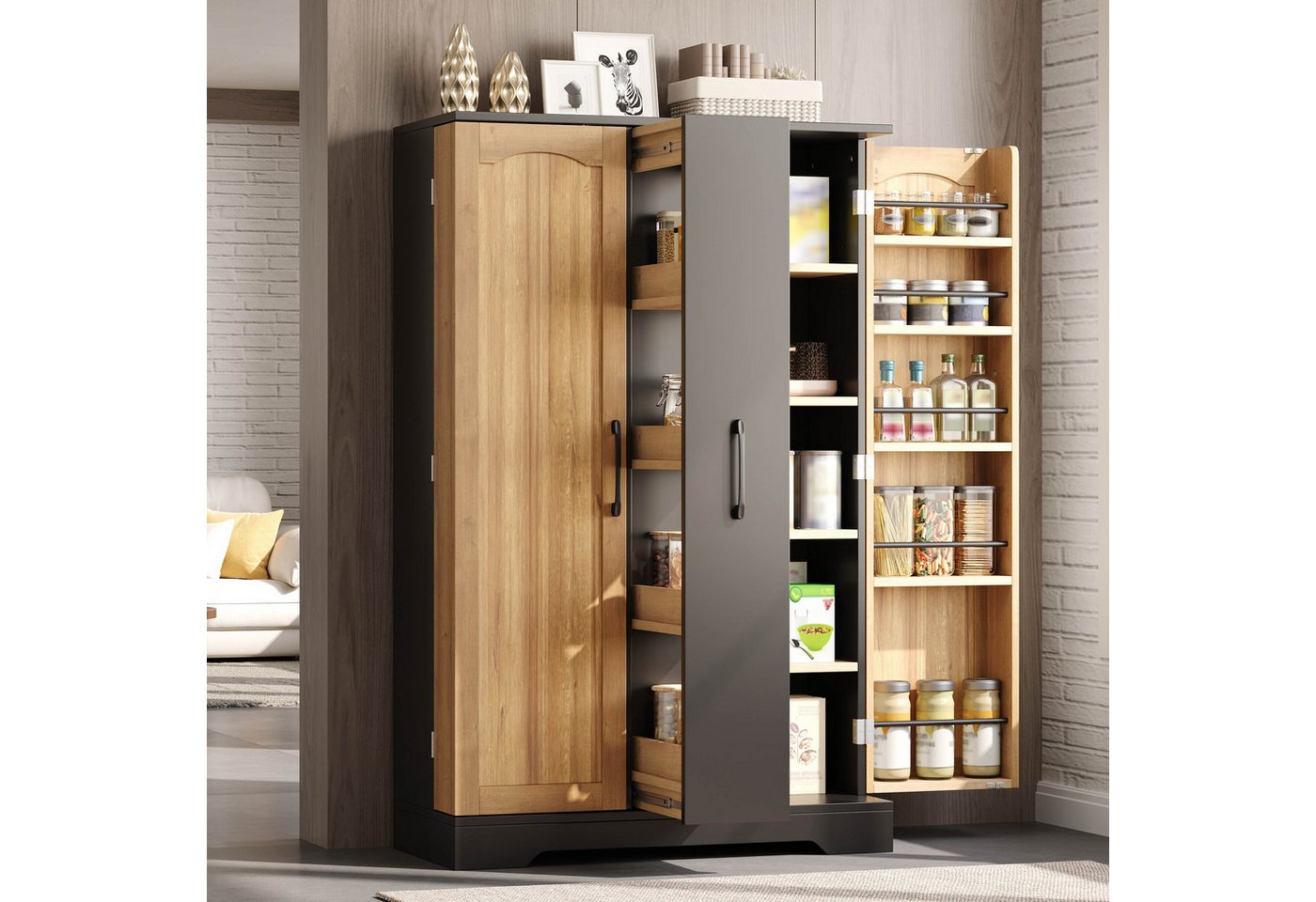 Flieks Hochschrank Küchenschrank mit 4-stufigem Schubladen, Türregalen (B78xT35xH120 cm, 1-St) Mehrzweckschrank Highboard mit verstellbare Einlegeböden Schwarz&Natur