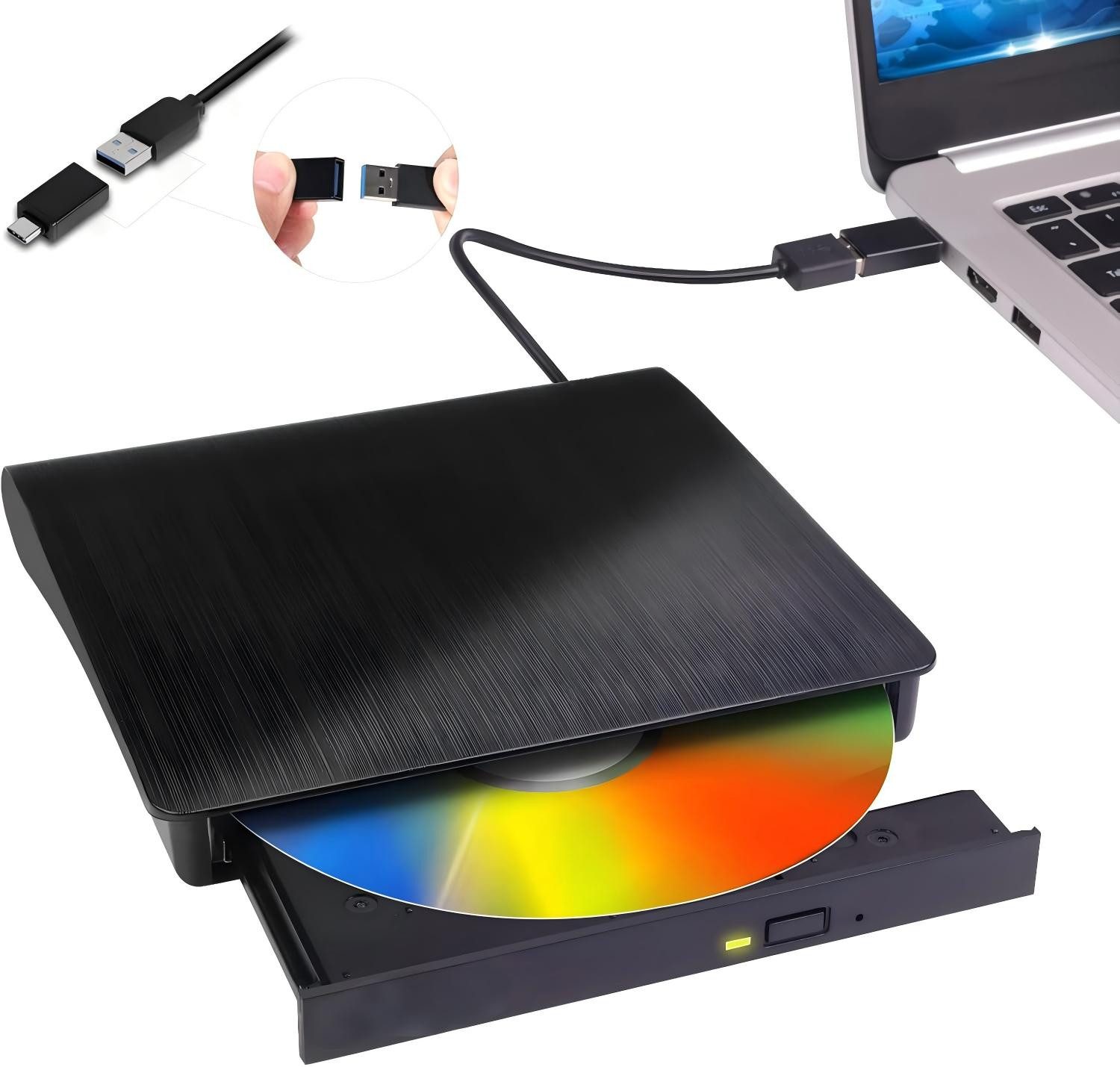 feinlux Externes CD DVD Laufwerk USB 3.0 Typ-C DVD-Brenner (USB 3.0 & USB-C, CD 8x, Plug & Play für Laptop, PC, Windows 11/10, Mac & Linux, Slim & Tragbar)