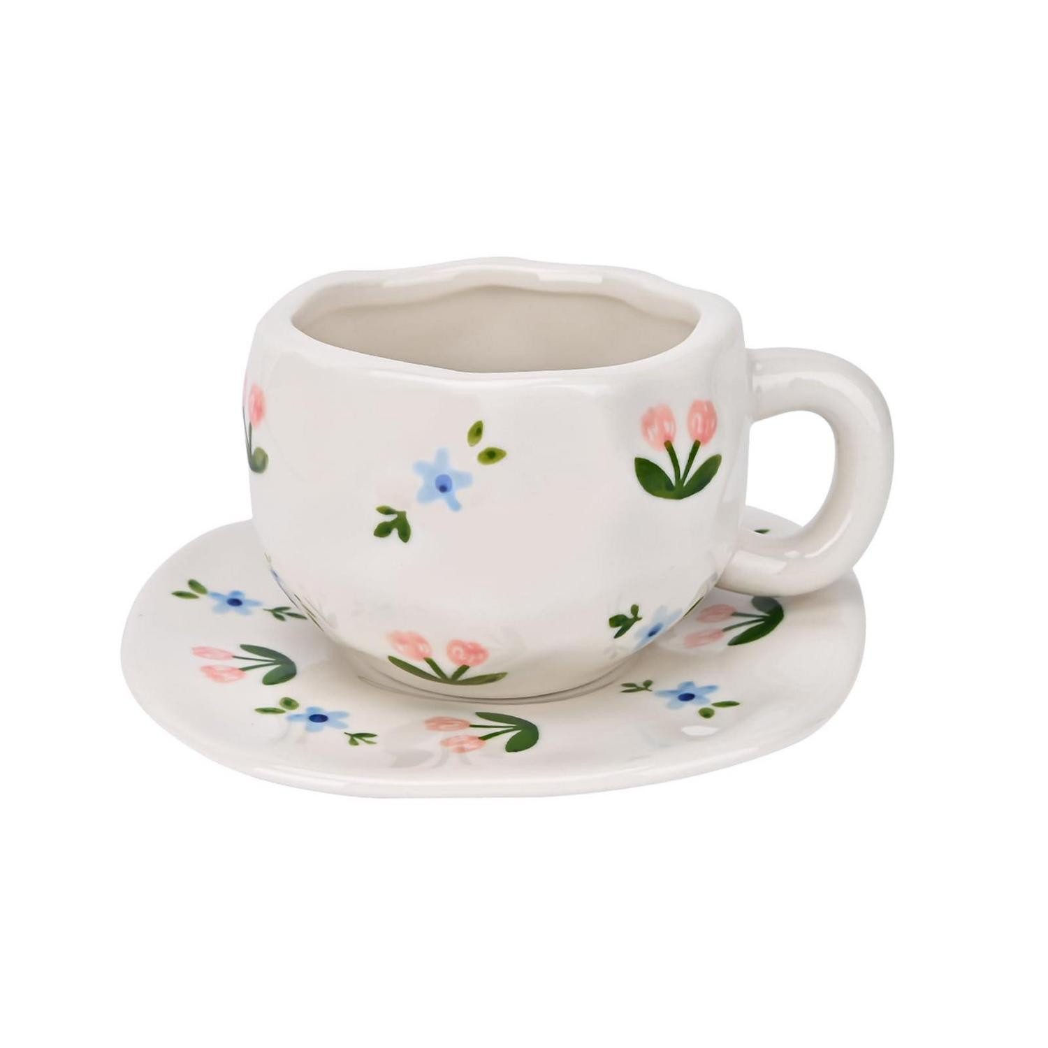 LuxusKollektion Tasse Kaffeetassen-Set Blumen Rosa/Blau 300ml, Keramik