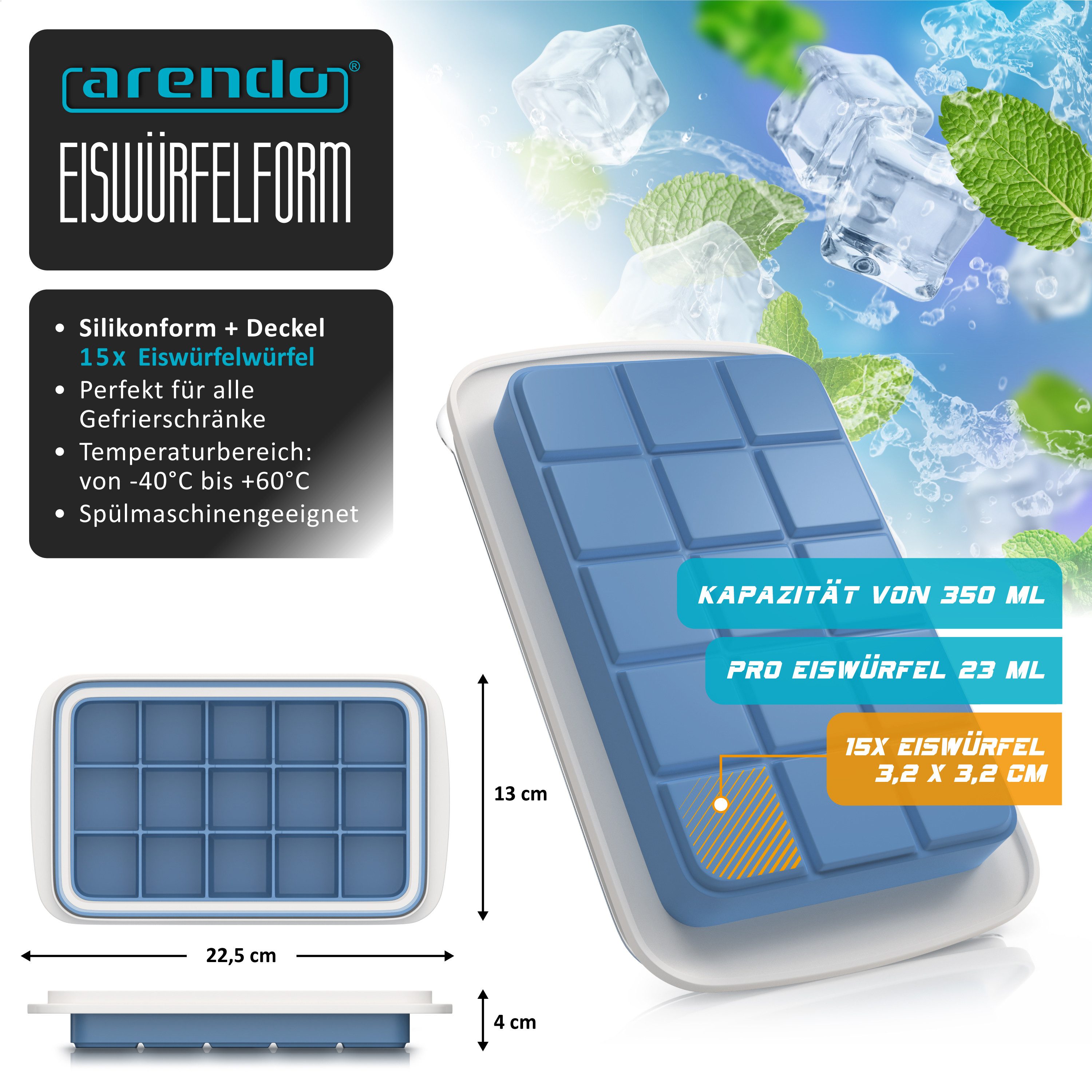 Arendo Eiswürfelform Silikon 350ml, 15 Eiswürfel, spülmaschinengeeignet, stapelbar, (1-tlg), quadratisch, Deckel, Einfüllöffnung, leichtes Herauslösen, BPA-frei