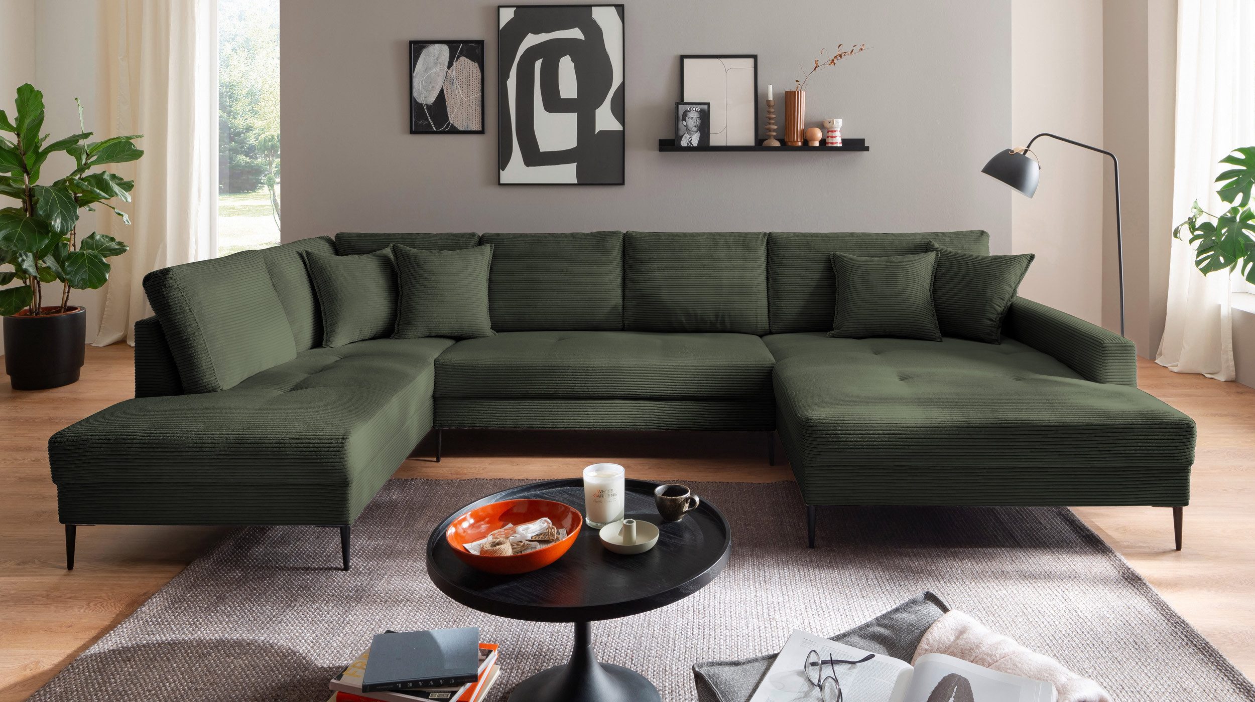 Massivart® Wohnlandschaft Cord 360 cm Breite / bequeme Nosagunterfederung / Cordsofa / SUMMER, frei im Raum stellbar · schwarze Metallbeine · inkl. Kissen