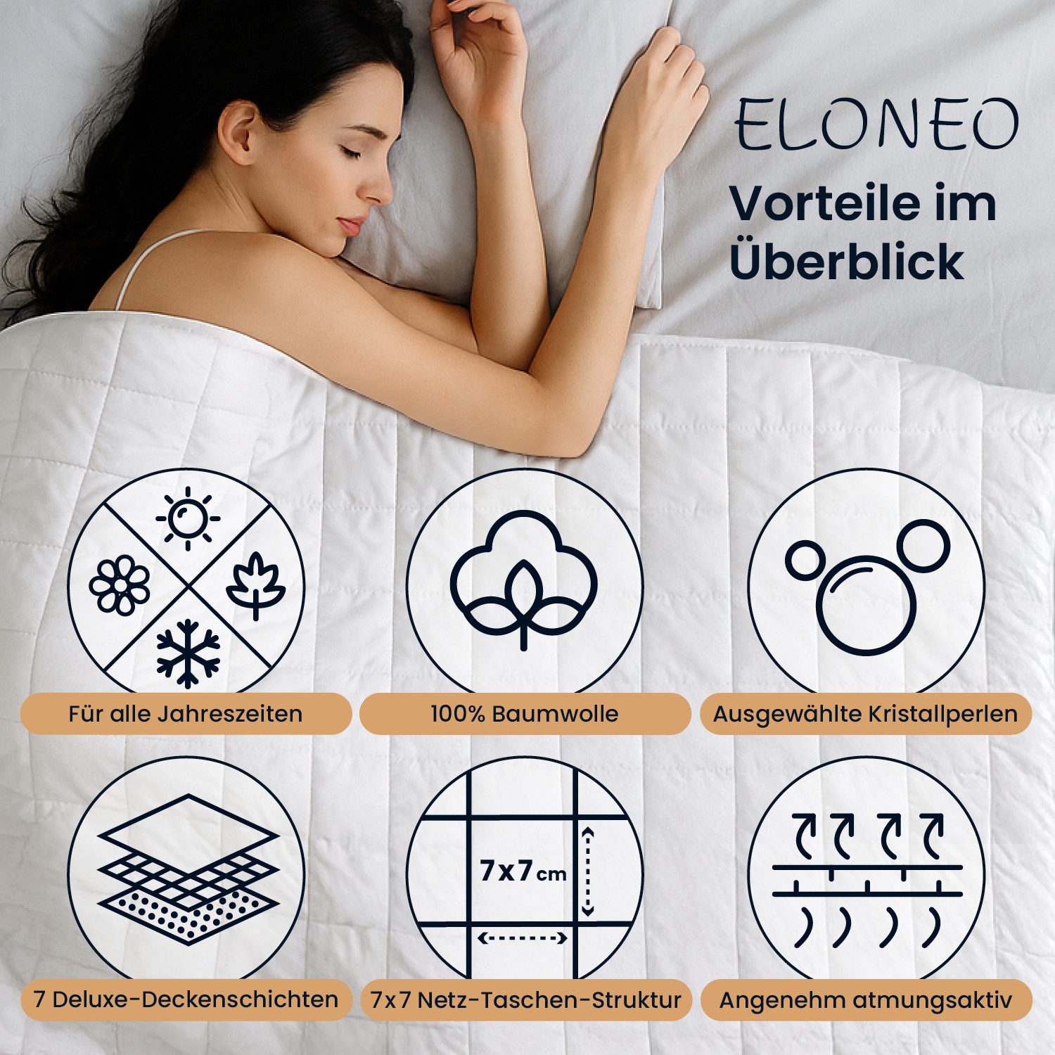 ELONEO Gewichtsdecke ELONEO Bettdecke – Schwere Decke für ruhigen, erholsamen Schlaf, Füllung: Handverlesene Kristallglasperlen, 7x7 Netz-Taschen-Struktur, hypo – Bild 5 von 5