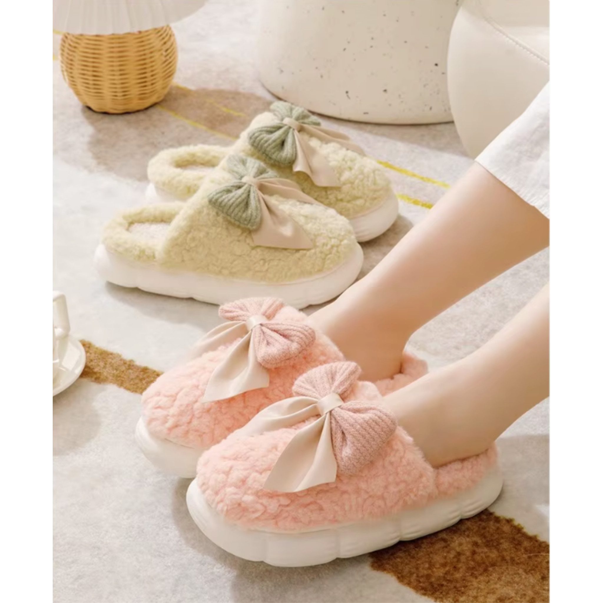 NEXORA Flauschige Hausschuhe mit Schleife – Plüsch Hausschuhe Damen Plüsch Hausschuhe flauschige Hausschuhe mit Schleife