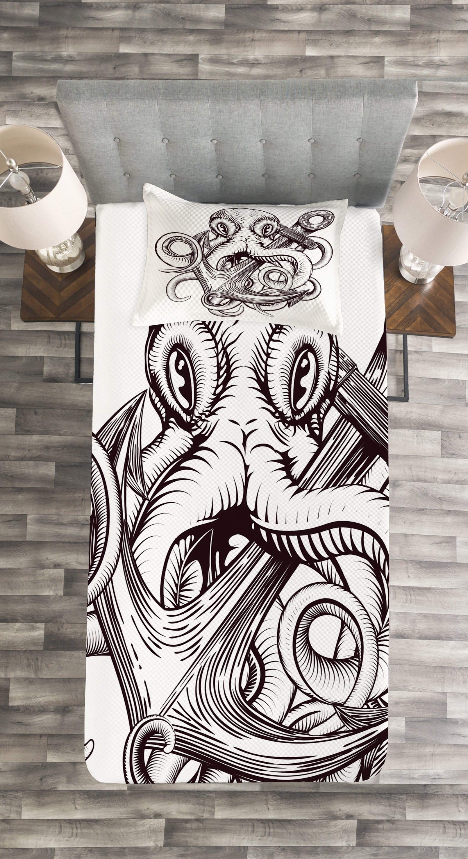 Tagesdecke Kissenbezügen Anker Design Waschbar, Octopus Set mit Tattoo Abakuhaus,