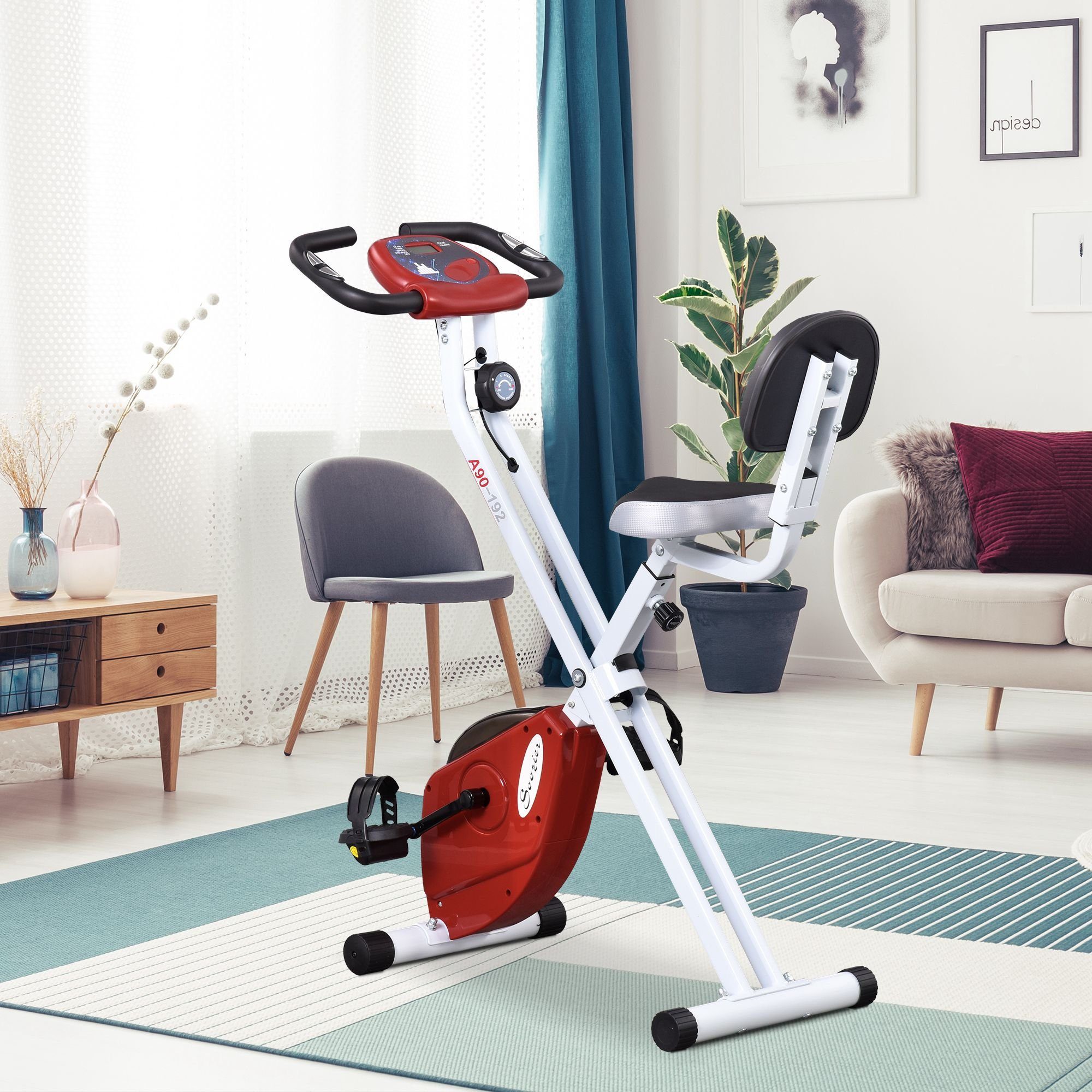 HOMCOM Heimtrainer mit 8 stufig, Magnetwiderstand, Stahl (Magnetwiderstand, 1-tlg., Fahrradtrainer), für Garten, Balkon, Rot