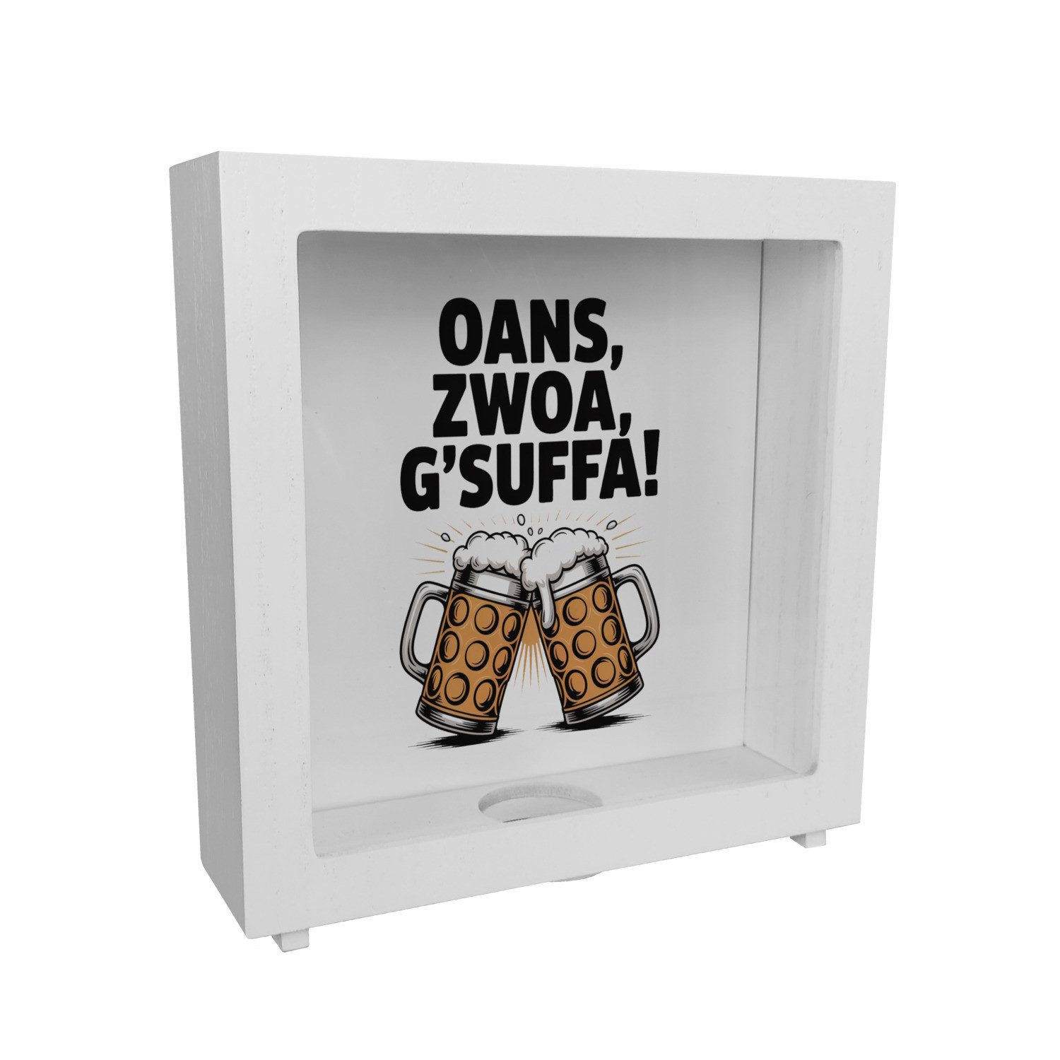 Spardose Zwei Bierkrüge Oans, zwoa, g’suffa Rahmen Spardose aus Holz