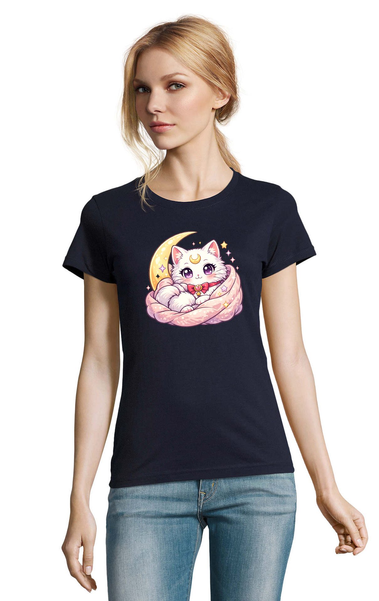 T-Shirt Damen T Shirt Katze Mond Manga Anime Cozy Kawaii Motiv Freizeit