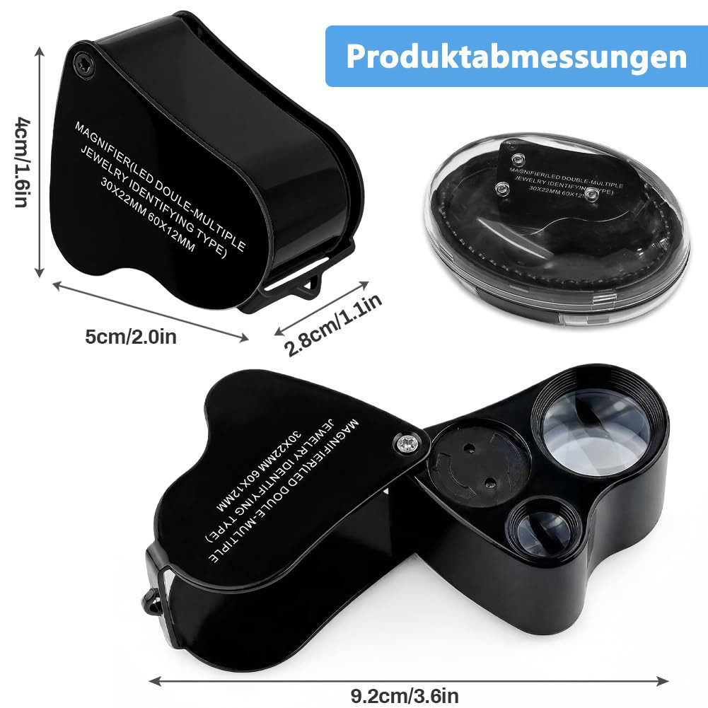 nsihing Lupenbrille Juwelier Lupe, 30X and 60X Vergrößerung, Metall Faltlupe mit LED, für Diamanten, Edelsteine, Schmuck, Briefmarken, Münzen – Bild 2 von 5