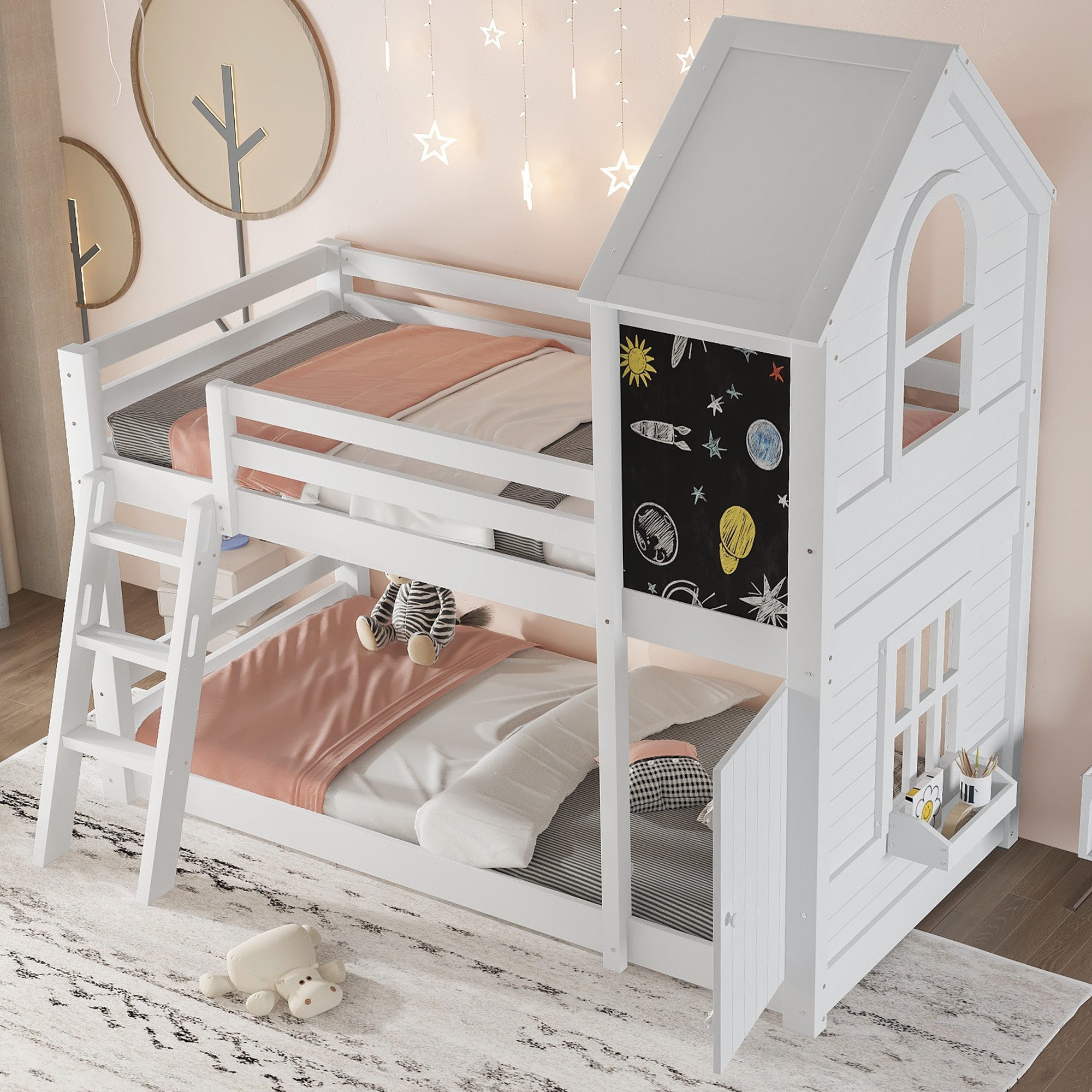 Merax Etagenbett mit kleiner Tür, Fenstern, Dach & Tafel (1-St., Jugendbett Doppelbett Stockbett Hochbett Hausbett), Kiefer Kinderbett 90x200cm mit dreistufiger Schrägleiter, Lattenrosten