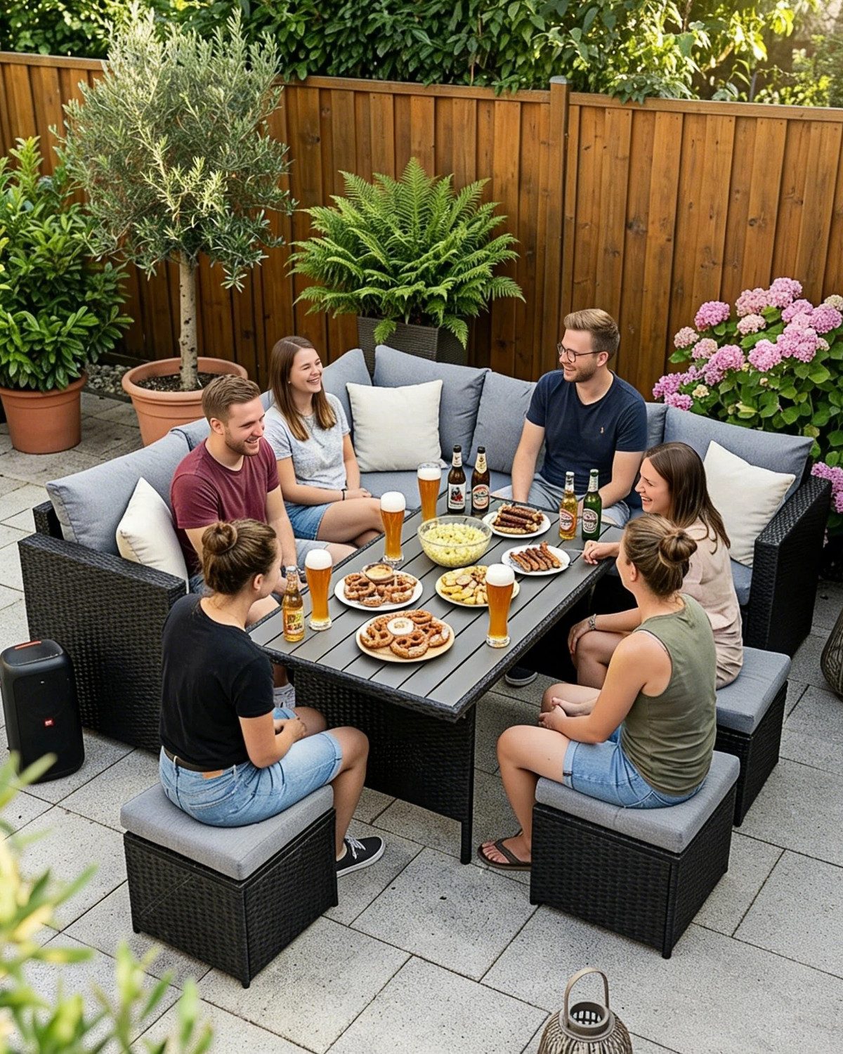 MeXo Gartenlounge-Set Lounge Gartenmöbelset für 8-10 Personen, (Outdoor Garten-Essgruppe, 7-tlg., 8 cm breitere Armlehnen, pflegeleichte Polywood-Tischplatte), Belastbarkeit pro Sitzplatz bis zu 140kg, für Terrasse Garten
