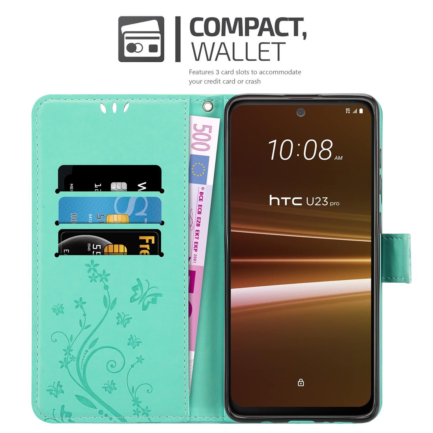 Cadorabo Handyhülle für HTC U23 PRO Hülle HTC U23 PRO, Hülle Schutzhülle Blumen Flower mit Standfunktion Kartenfach Magnet
