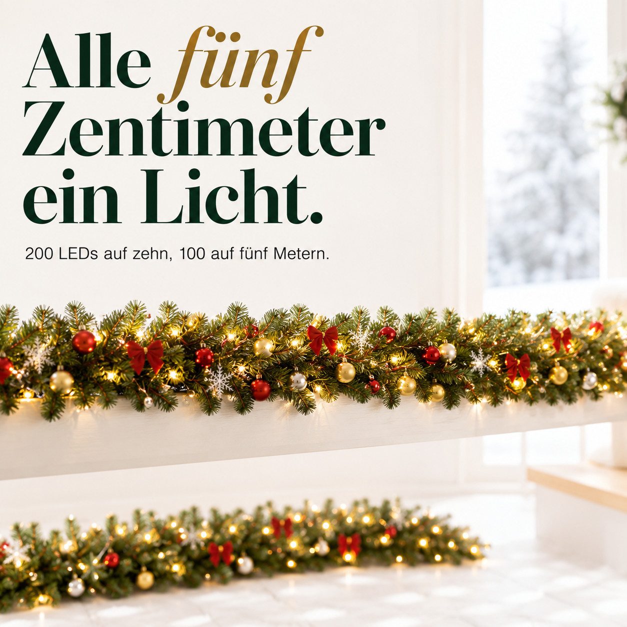 Kunstgirlande Weihnachtsgirlande mit Licht 5m 10m mit 200 LEDs, Onbest, Eiskristalle, Schleifen, GRATIS 5 Karten, Weihnachts Girlande Deko