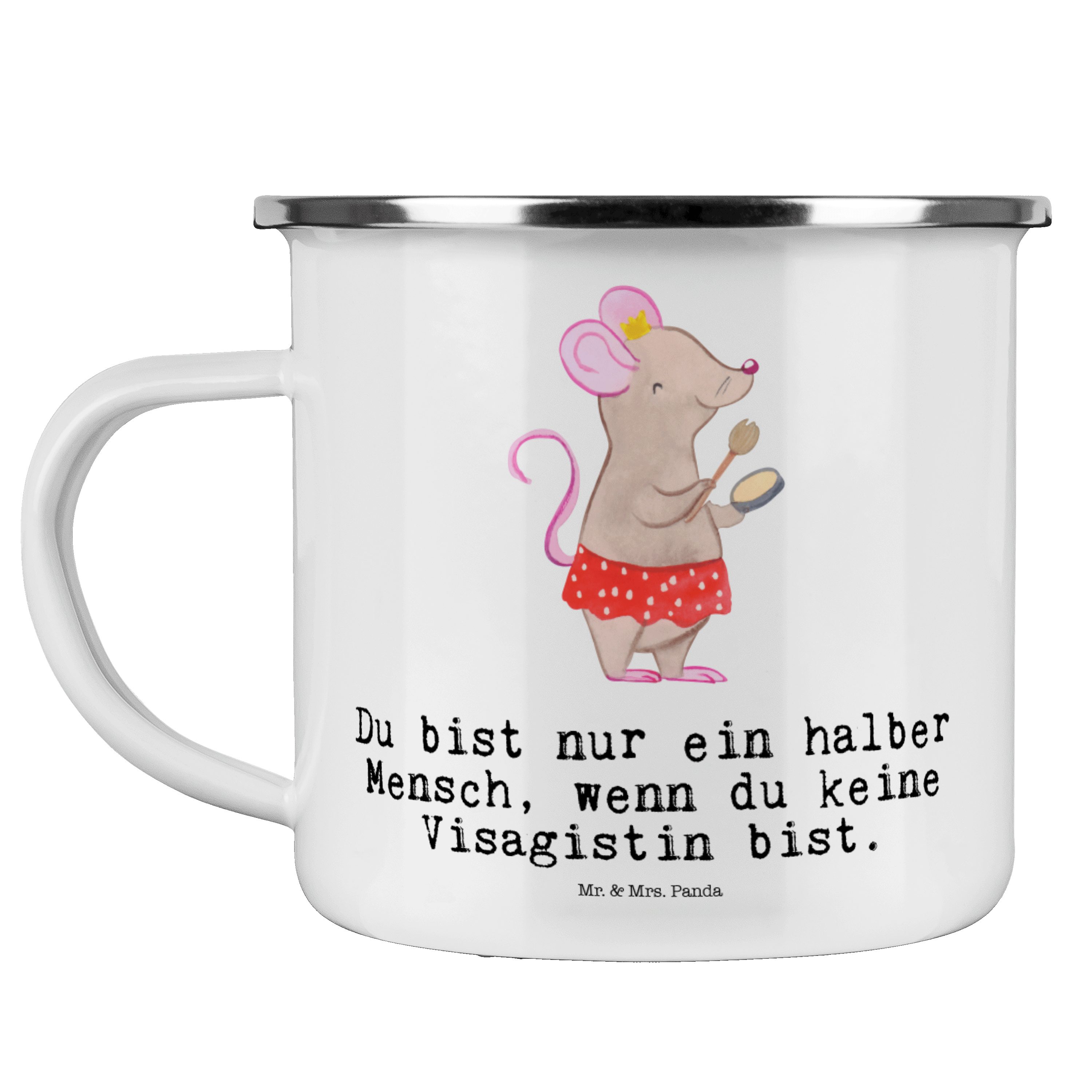 Mr. & Mrs. Panda Becher Visagistin Herz, Tasse Emaille, Weiß, Emaille, Haferl, Lustig, Kosmet, 1-tlg., Emaille
