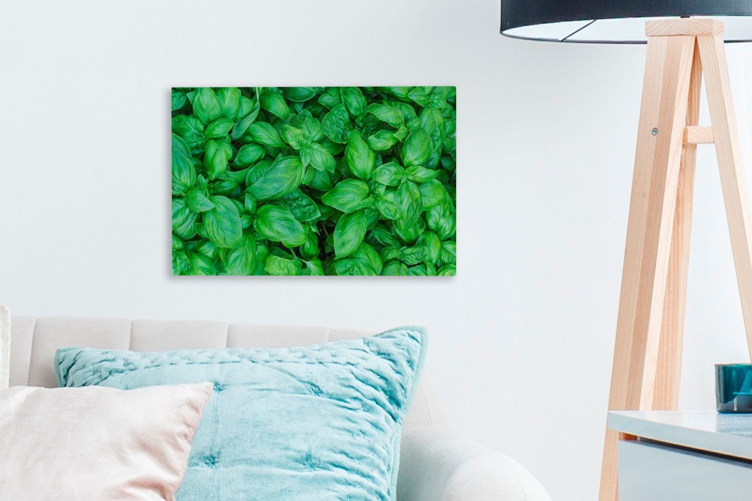 cm von 30x20 Nahaufnahme OneMillionCanvasses® St), Wandbild Aufhängefertig, (1 Wanddeko, Leinwandbilder, Leinwandbild Basilikumpflanzen,