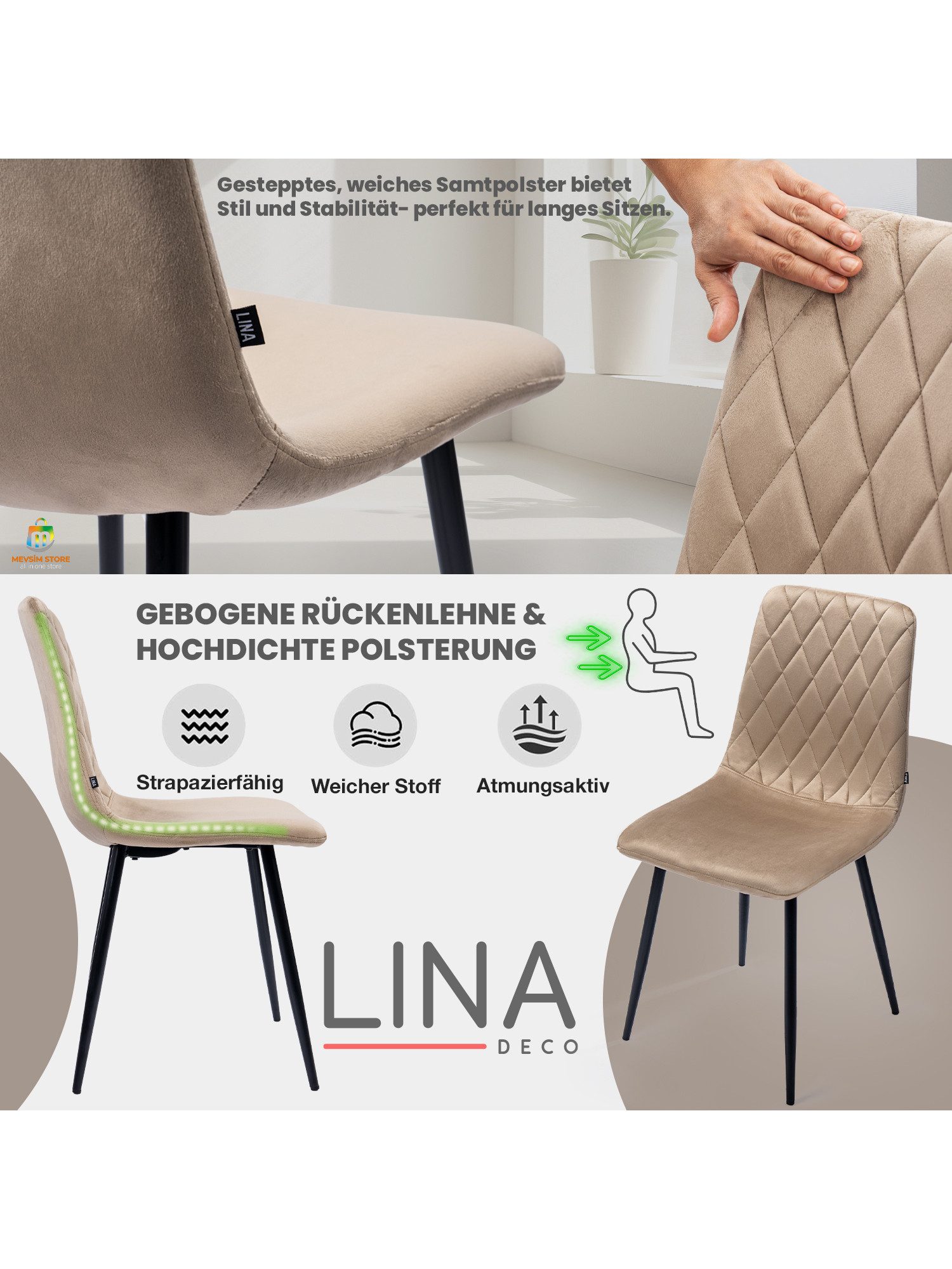 Lina® Esszimmerstuhl Elisia 2er, 4er, 6er Set, Samt & Metall, Modern & Komfortabel (Einzelstuhl (wahlweise im 2er, 4er oder 6er Set erhältlich – falls varyant, 4 St), Ergonomisch geformt, modernes Design, Samtbezug