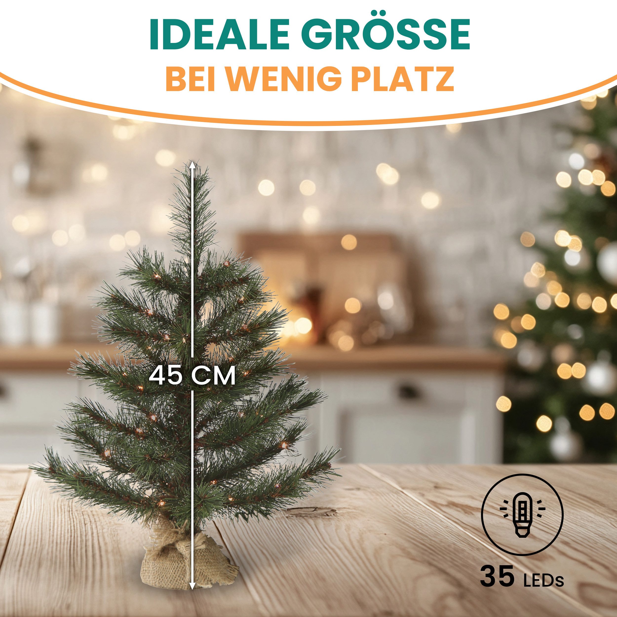 Gartenpirat Künstlicher Weihnachtsbaum mit Drahtlichterkette LED´s warmweiß Kiefer Christbaum, Kiefern ähnlich, Jutesack ummantelter Baumständer, integrierte LED-Drahtlichterkette