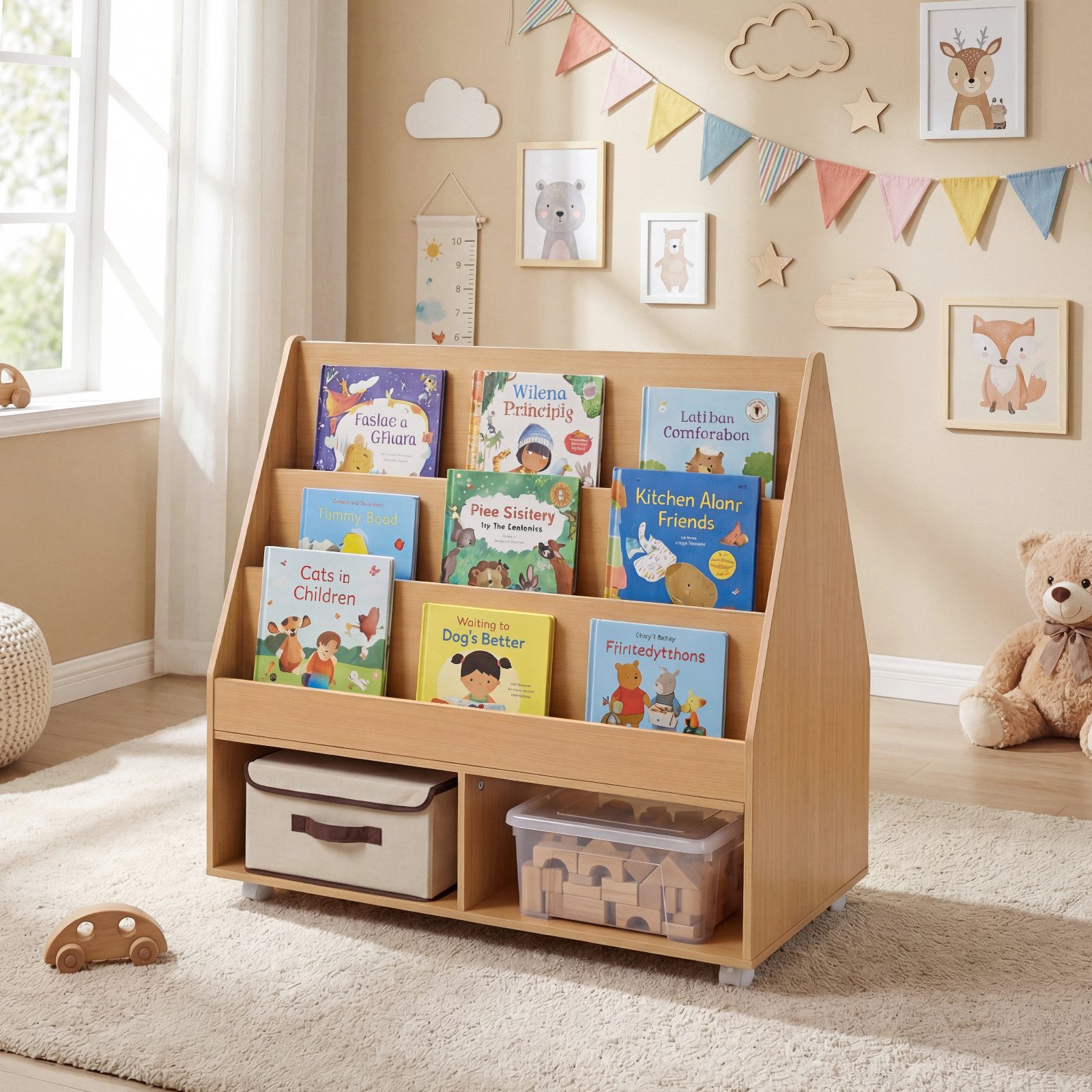 COSTWAY Kinderregal, Kinderregal doppelseitig mit Kreidetafel & Rollen