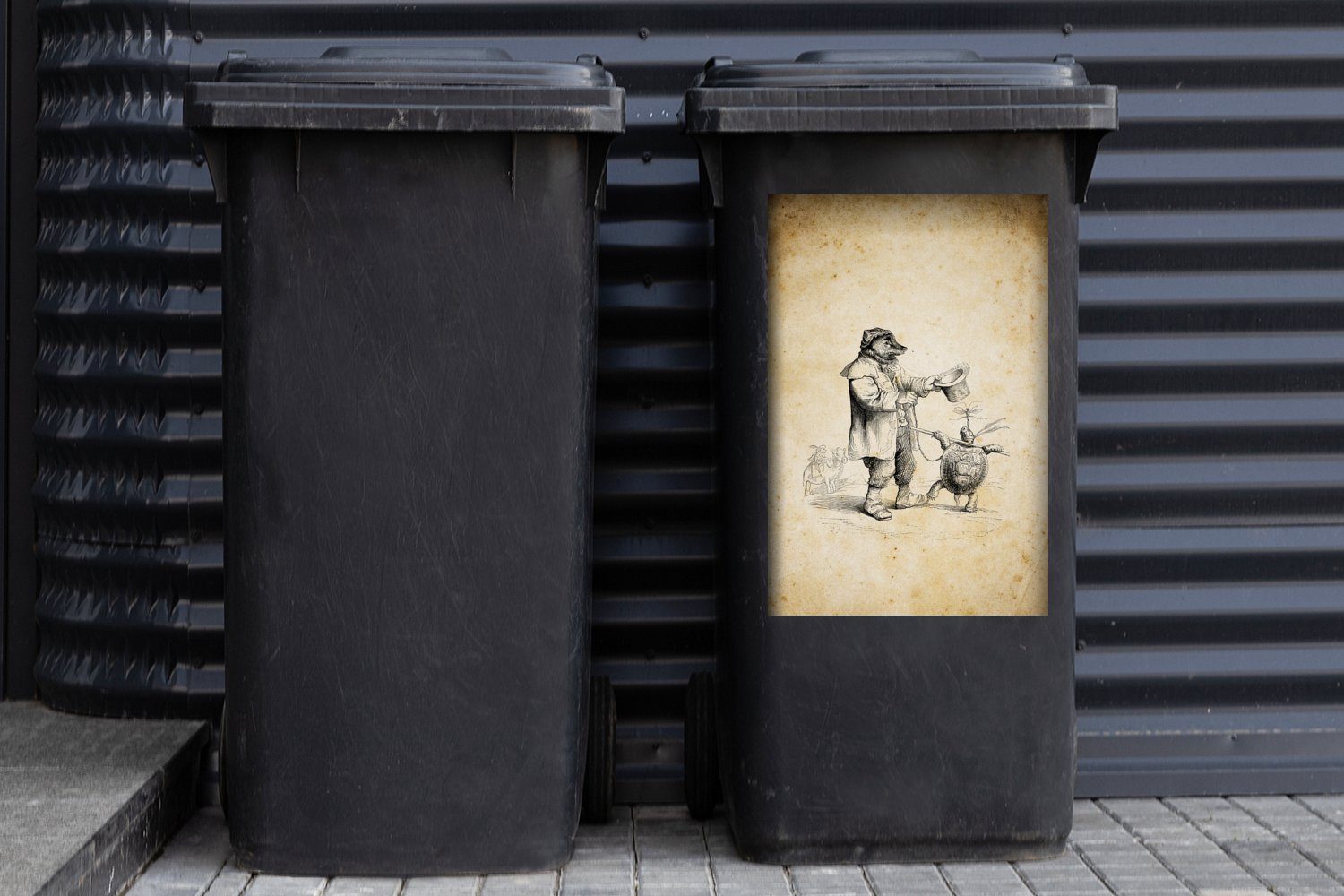 MuchoWow Wandsticker Vintage Illustration eines einer Mülleimer-aufkleber, Mülltonne, St), Abfalbehälter Container, Schildkröte und (1 Bären Sticker