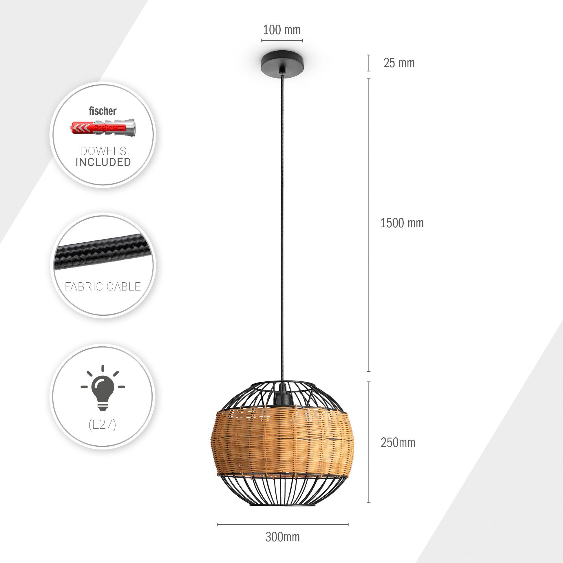 Paco Home Pendelleuchte Leuchtmittel, Boho LED Rattan Pendelleuchte Rund Esstischlampe ohne PUGLO, Korb E27 Lampe