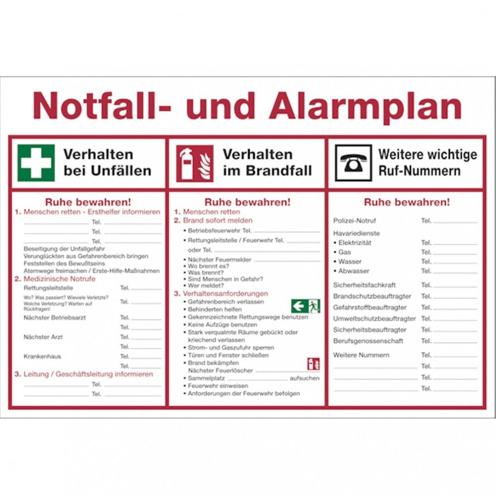 König Werbeanlagen Hinweisschild Aushang, Notfall- und Alarmplan, PVC,  595x410 mm, 1 Stk