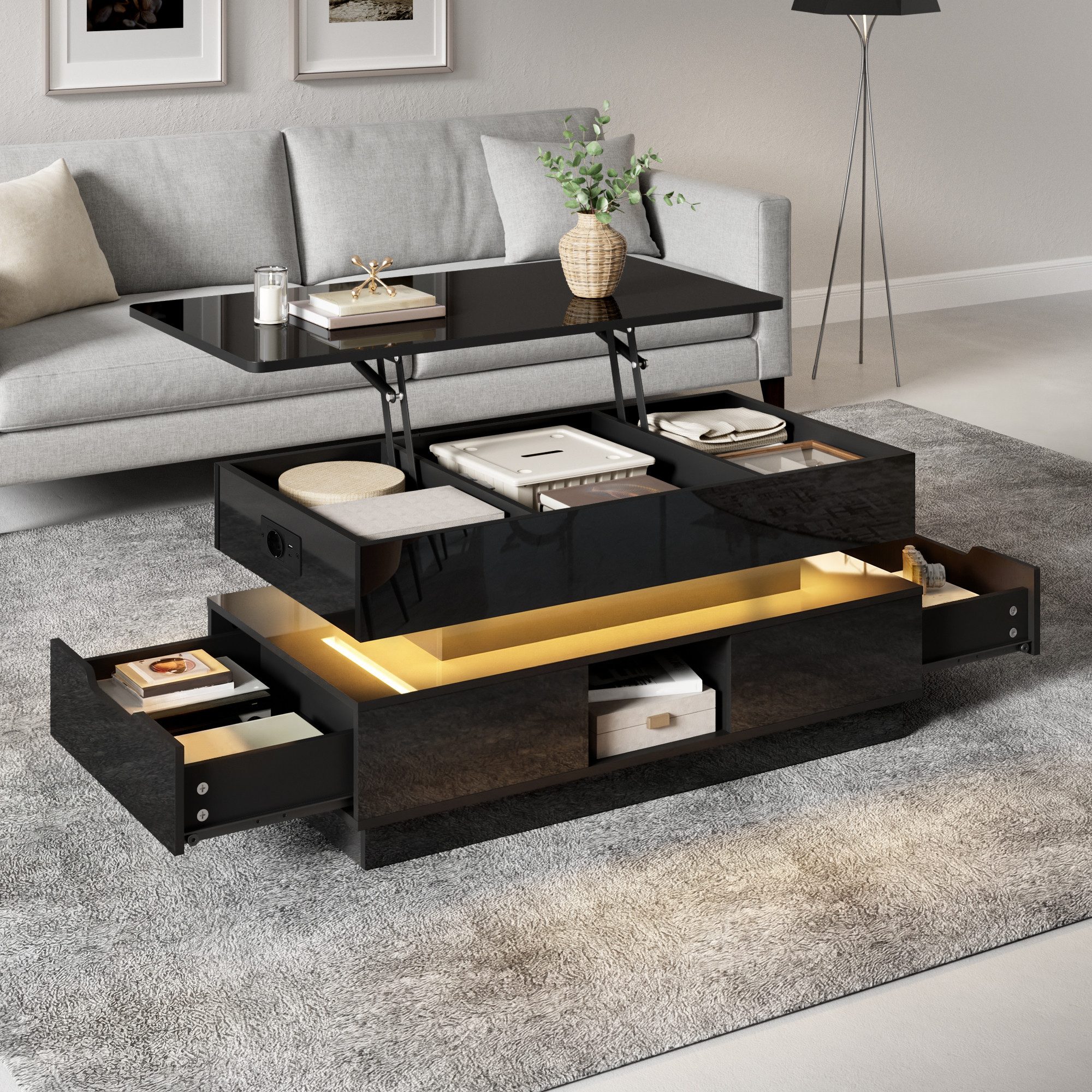 Merax Couchtisch hochglanz Sofatisch Wohnzimmertisch mit LED-Beleuchtung & Steckdose (90 x 48 x 42,5 cm (L x B x H), 1-St), mit höhenverstellbarer Tischplatte, 2 Schubladen, offenen Fächern