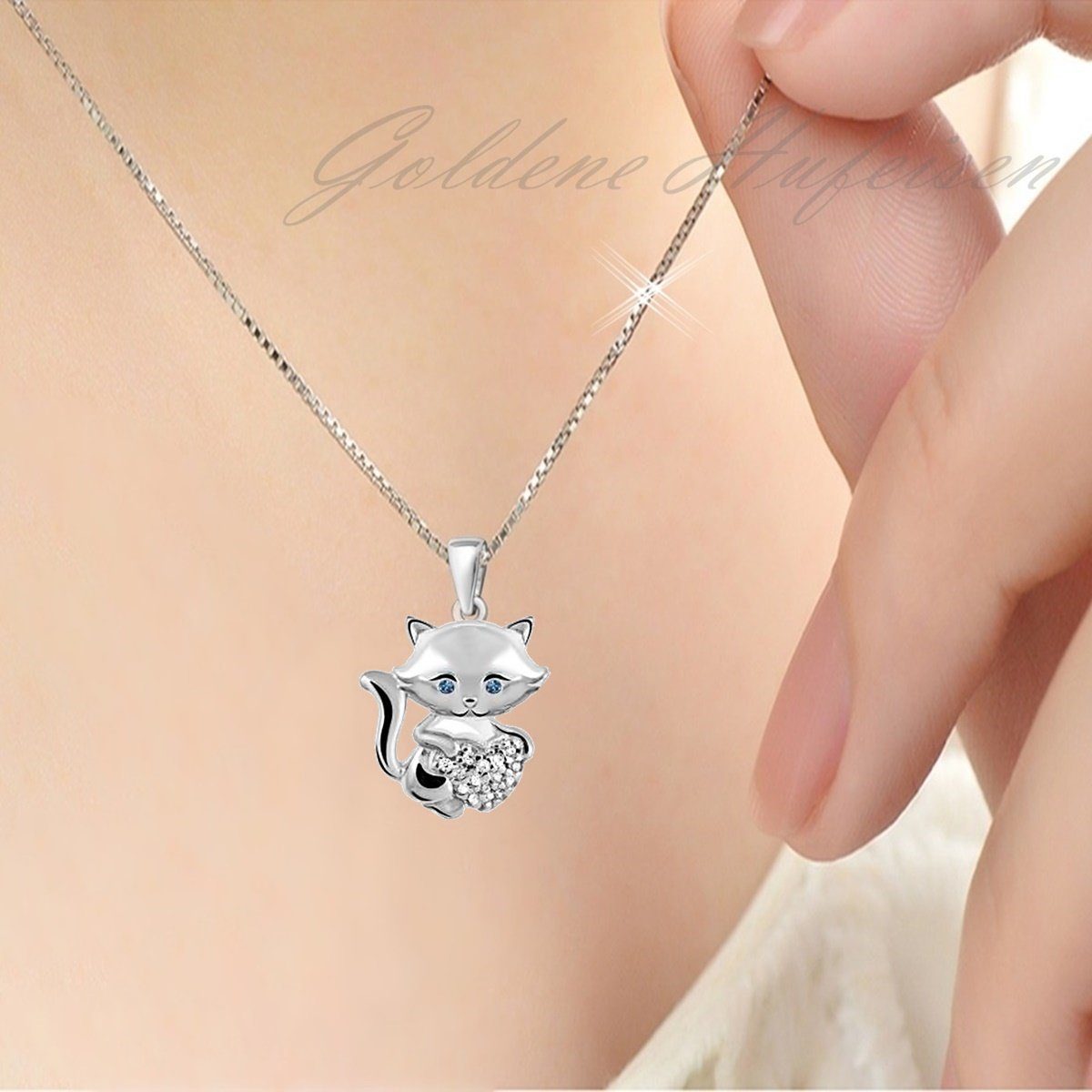 Goldene Hufeisen Kette mit Anhänger Katze mit Herz Halskette aus 925 Silber mit Zirkonia (2-tlg, inkl- Etui), Mädchen, Jungen Katzen-Schmuck – Bild 2 von 5
