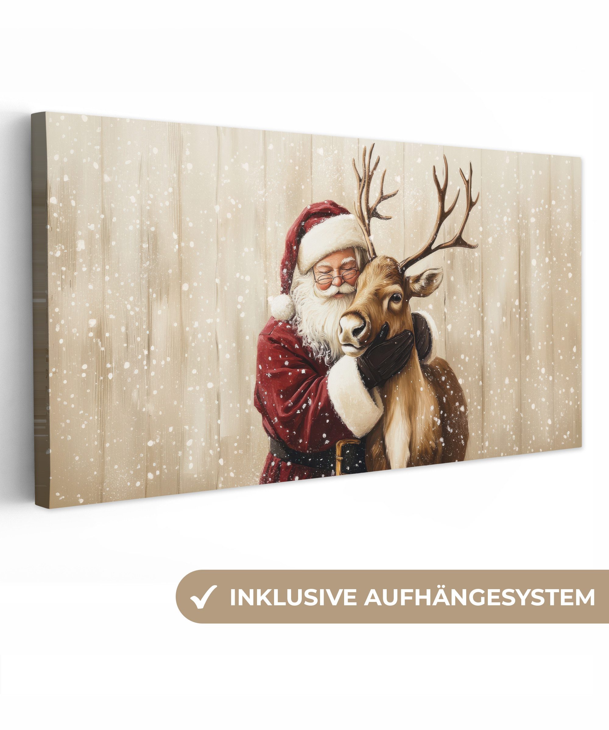 OneMillionCanvasses® Leinwandbild Panorama Weihnachtsmann - Rentier - Schnee - Bunt, Fotodruck (1 St), Wandbild, Deko Schlafzimmer Wohnzimmer Flur 40x20 cm