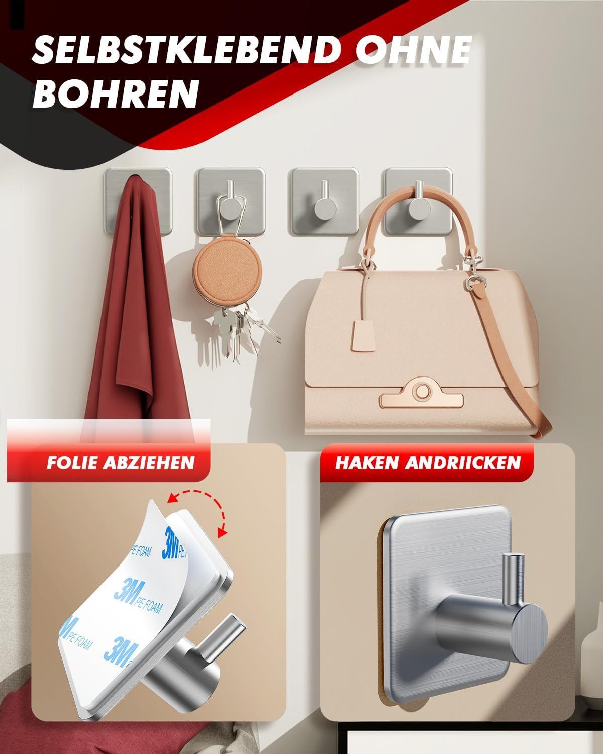 Refined Living Handtuchhaken Handtuchhalter ohne Bohren,5er/10er Set,Handtuchhaken Bad Edelstahl, Zur Verwendung an der Wand, Badewanne, Eingangstür, Schlafzimmer, Zur Verwendung an der Tür, Küche, Badezimmer, (Handtuchhalter Wandhaken Selbstklebend, 5-St., für Bad und Küche,Edelstahl,Wasserdicht und rostfrei), mit 3M-Klebe-Pads,Haken selbstklebend Hochwertige Klebehaken