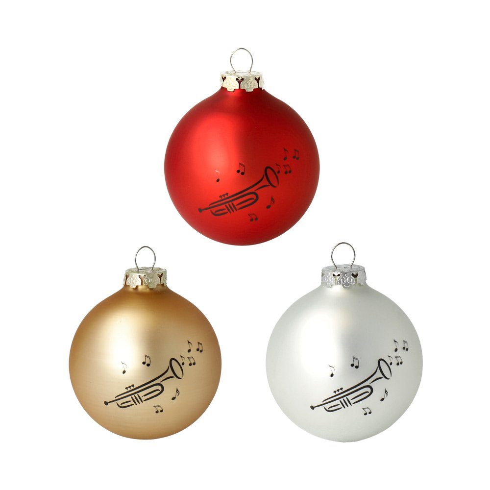 mugesh Weihnachtsbaumkugel 3er-Set Weihnachtskugeln Trompete, für Musiker silber-rot-gold